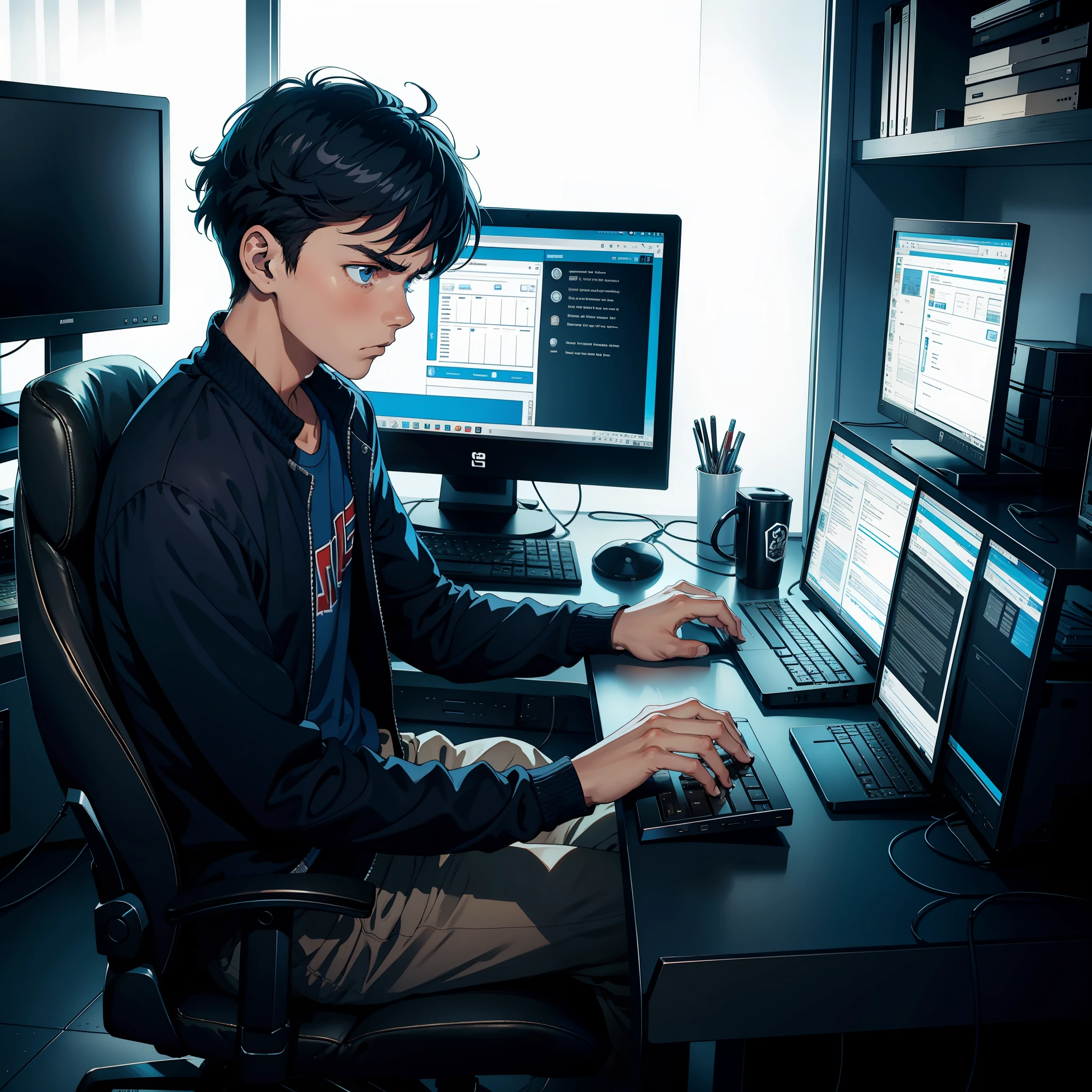 An 18-year-old man sits in front of a computer, angry