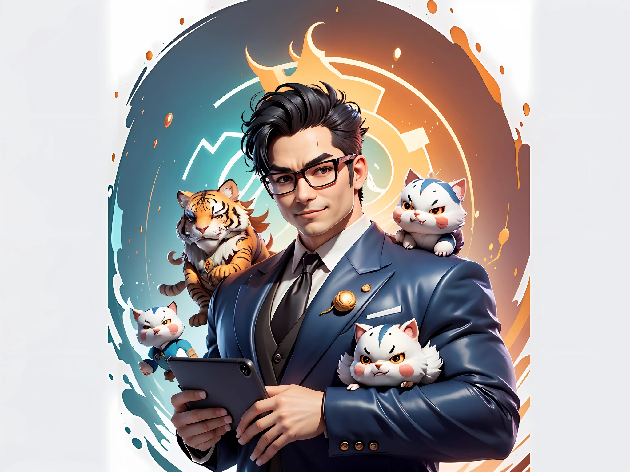 (Masterpiece), (Extreme Quality), (Super Meticulous), (Full Body: 1.2), Super Young Man, Chinese Dragon, Tiger, Wind God Thor, Sexy, Bursting, Oriental Face, TV Anchor, Bust Portrait Illustration, Black Formal Suit, Blue Tie, Slightly Chubby Face, Silver Glasses, Very Clean Face, No Beard on Chin, Black Super Short Hair, Black Eyes, Confident Smile, 3c Computer Sub-Products, iPad, iPhone, Digital Painting, 3D Character Design by Mark Claireden and Pixar and Hayao Miyazaki and Akira Toriyama, The illustration is a high-definition illustration in 4K resolution with very detailed facial features and cartoon-style visuals.