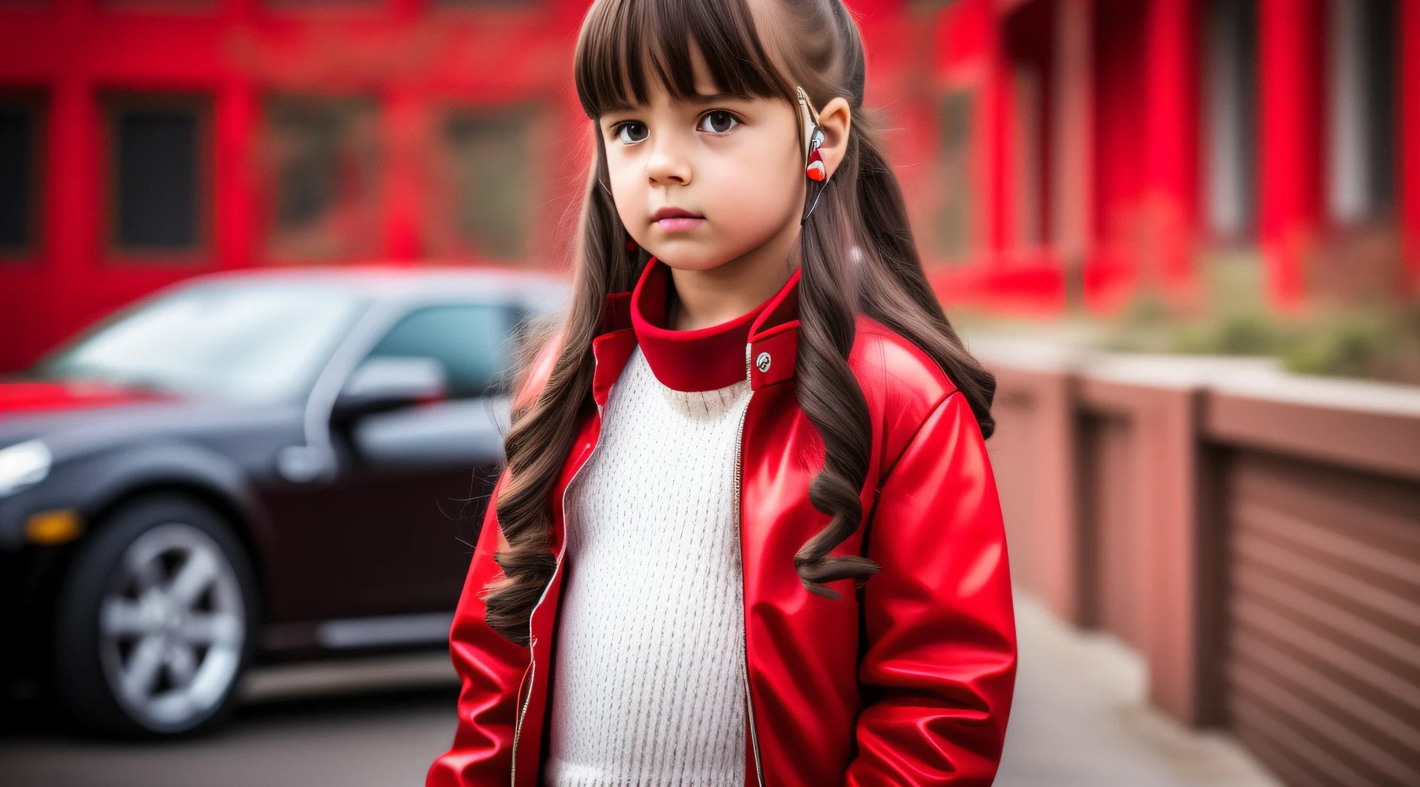 realistic, photorealistic, masterpiece, best quality, girl child 10 years, long hair EARPHONES, RED BACKGROUND, suspense atmosphere, red jacket, thriller, red jacket, wearing red jacket, brown pants red shirt, red jacket, wearing dead lion fantasy jacket, red and black costume!!!, red leather jacket. --auto --s2