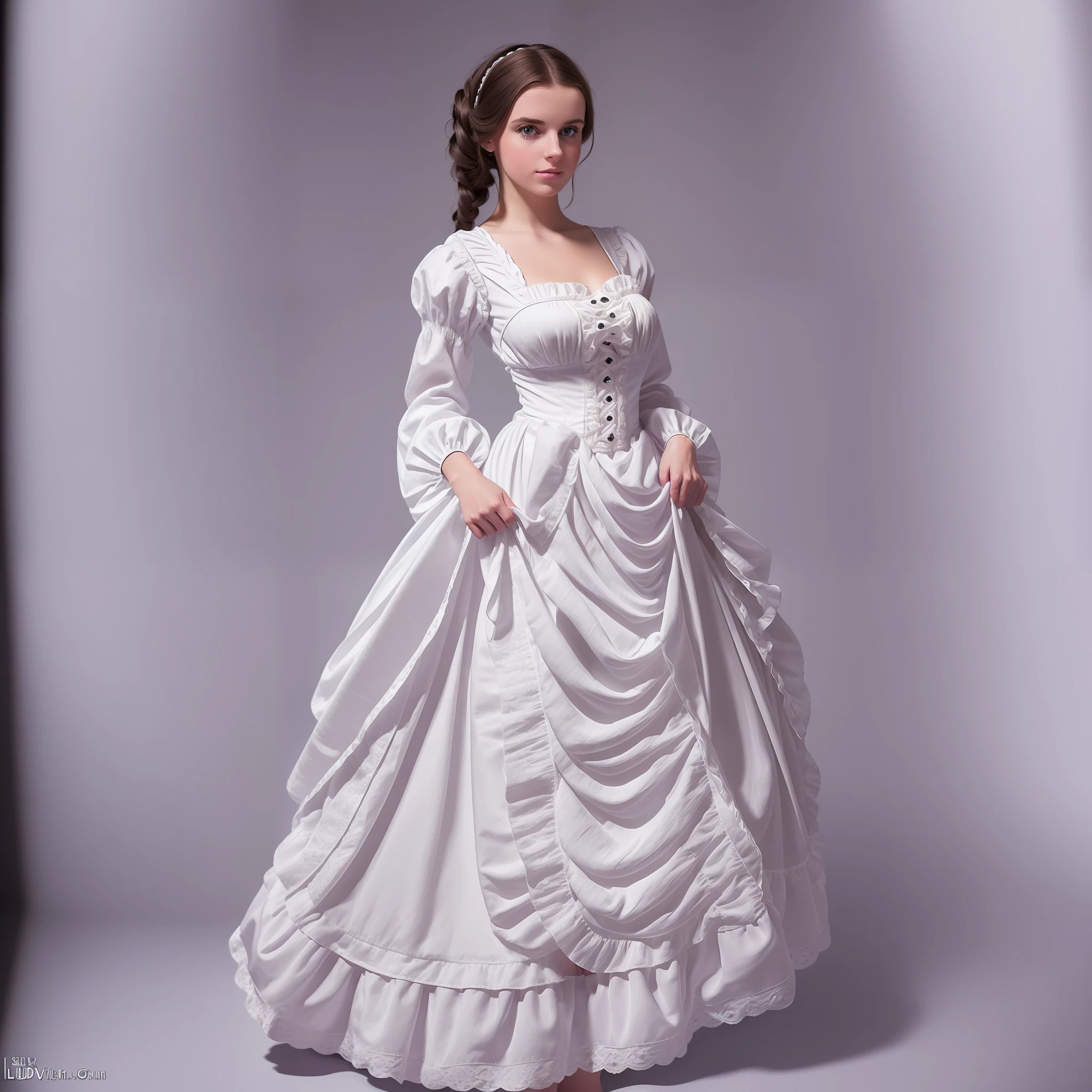 Full-length view (white background: 1.2) (1girl: 1.8) (studio portrait of a 25-year-old girl with a Victorian hairstyle, lifting her skirt and showing off her panties), (skirtlift) (in a Victorian long dress
19th-century sleeves intimate, detailed: 1.3), (bright lighting: 1.3) (panties: 1.3), (very detailed face: 1.4), (8k, uhd, DSLR, high quality, bright lighting, bokeh), (dramatic, award-winning photography, incredible masterpiece: 1.3)