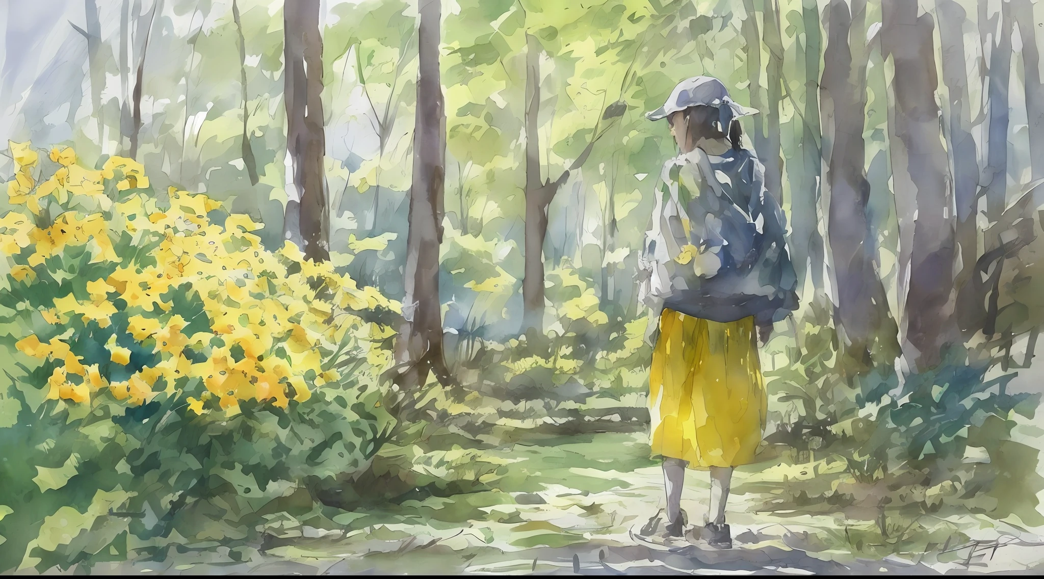 Wet trunks In the yellowness of the foliage, puddles, beautiful girl, Watercolor drawing --auto --s2