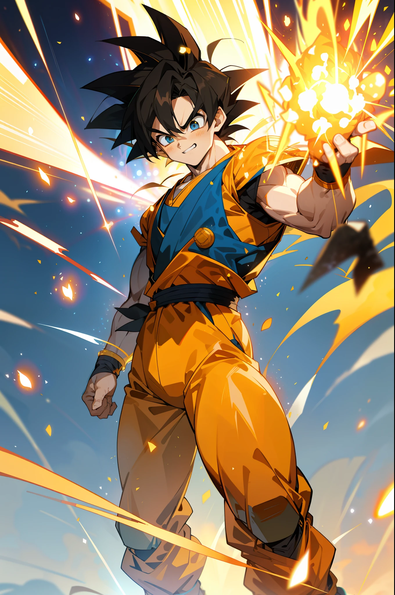 masterpiece, best quality, 1boy, goku, super saiyan goku, ssj goku,training, smiling, angry face, looking to viewer, standing, blonde hair, orange upper, mechanical arms, orange pants, body suit, science fiction, blue belt, blue bangles, dark blue boots,
, (aura power:1.4), boots, night, natural light,standing, yellow rays, angry eyes, blue eyes, smiling, black hair, male focus, strong muscles, movie composition, deth of field, bokeh, (yellow particles:1.4), floating particles,