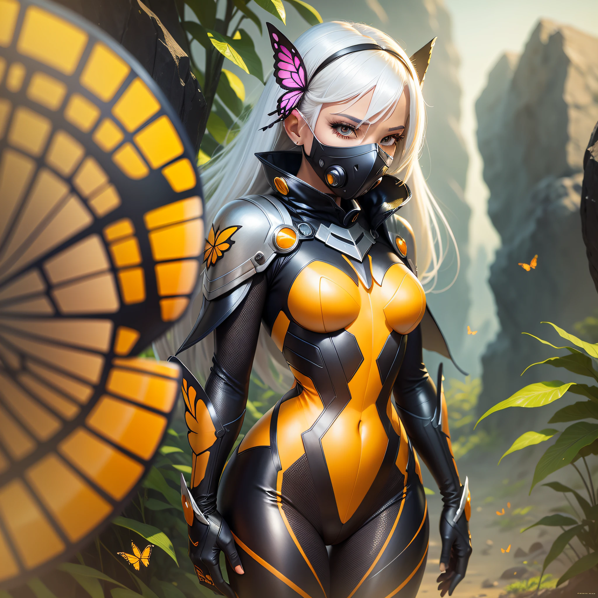 woman, black, defined body, small breasts, platinum hair, straight hair, wasp costume, mask covering the mouth, small butterfly wings on the back, in the background a landscape in yellow and orange