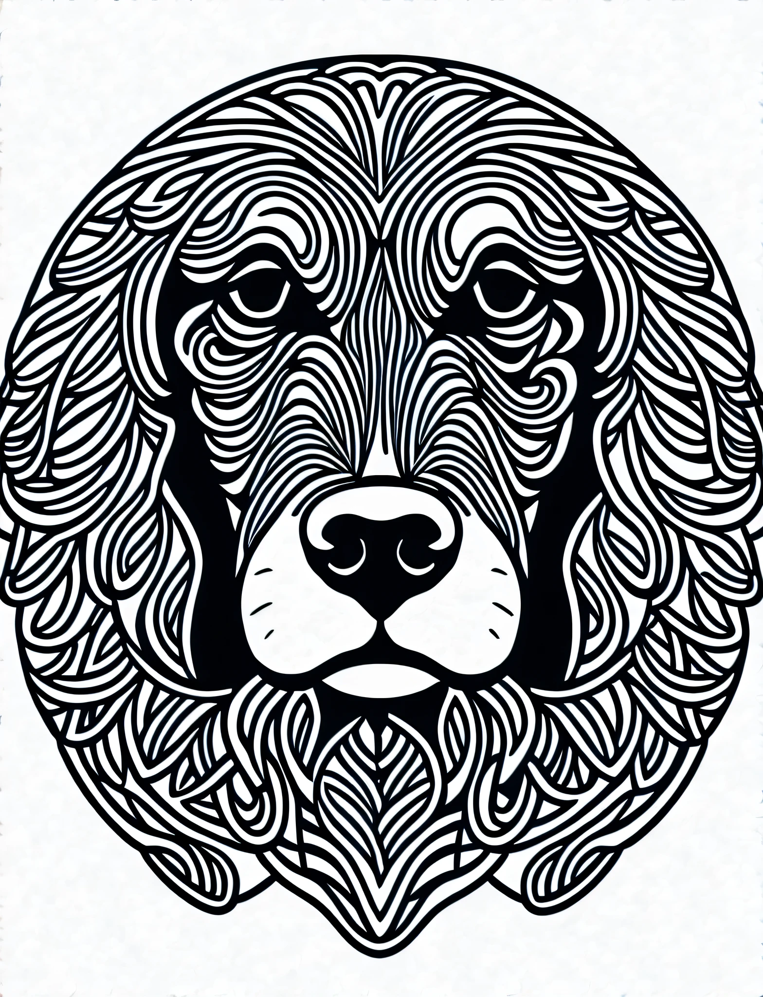 an American Cocker Spaniel style dog, fantasy, magical, mandala, happy, black and white, equal wavy lines, realistic line art drawing, coloring book page, no noise, sharp thick lines, contour art, centered image, isolated on a white background