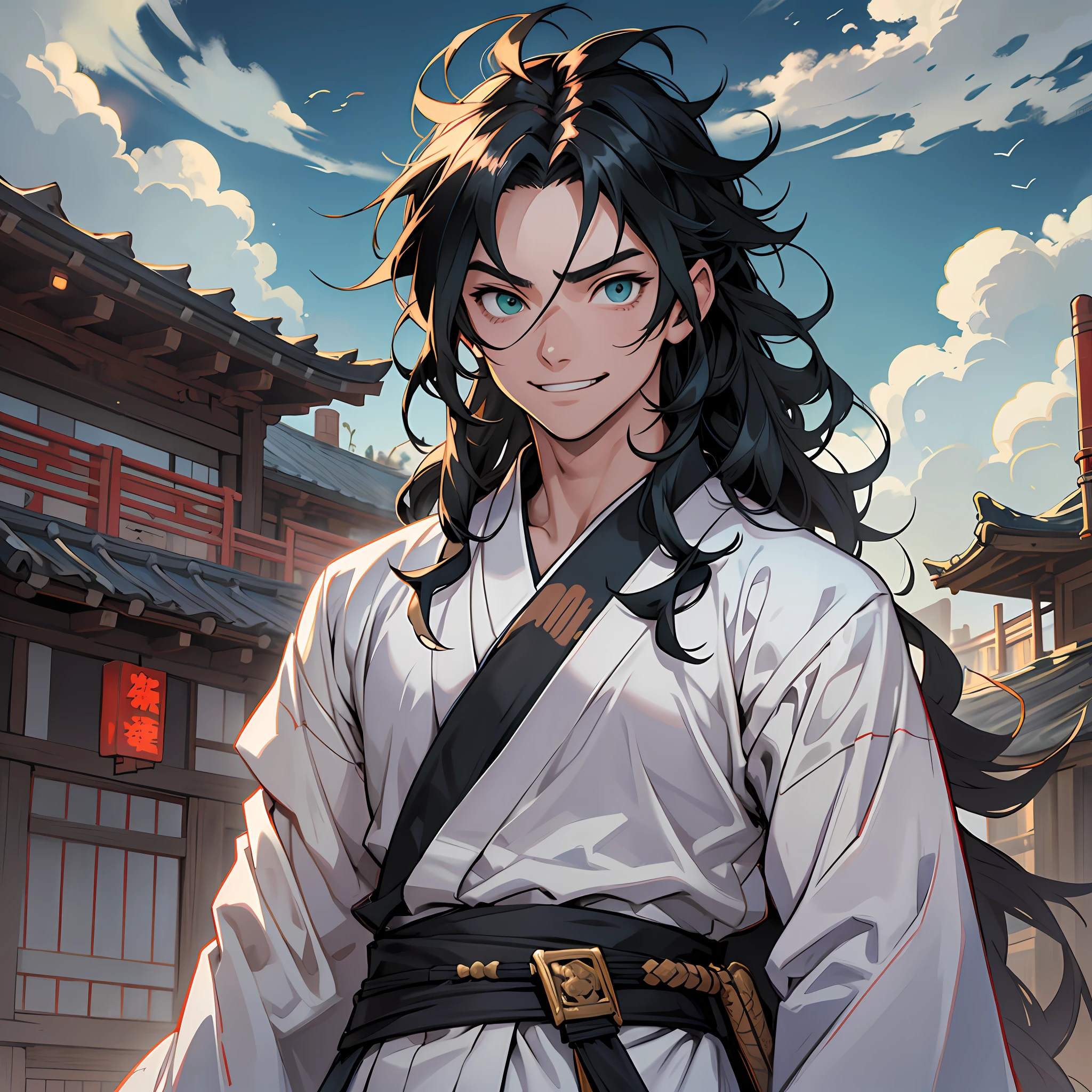 ((best quality)), ((ultradetailed)), ((masterpiece)), best quality (katana: 1.4), serious,(at night: 1.4), a 16-year-old who has his long black hair, which goes up to his waist. Your hair is thick and has a healthy appearance, your hair is long and not stuck, contrasting with your fair skin. The young man's eyes are emerald green, and are deep, expressive, and intense like two clear pearls. They reflect calm and an inquisitive curiosity. He has a big smile on his face and a watchful eye. With his upright posture, the young man shows a confident bearing and a cheerful and hyperactive aura. He wears a white kimono with green clouds, made of a quality fabric. giving him the look of a swordsman. At his waist, he carries a white katana with gray details on the blade. The long, sharp blade is made of polished steel, its coloration is white, and it is reflecting light. He is in an ancient Japanese city.  He has a cheerful face. Kimetsu no Yaiba style, alone, 1boy, demon slayer style, loose hair, petulant look, smiling, confident, only 1, spilled hair, loose and big hair, demon slayer artstyle