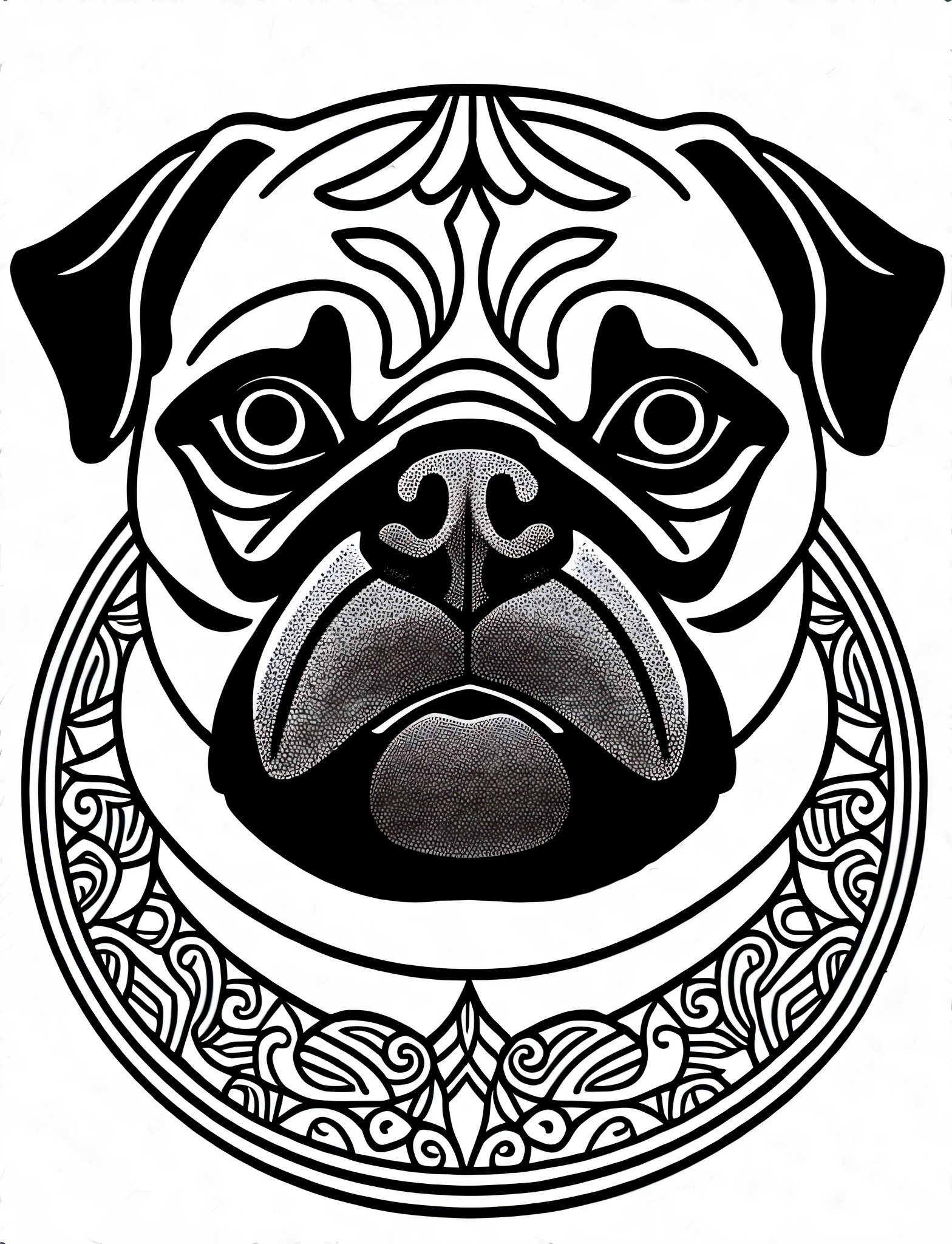 a Pug style dog, fantasy, magical, mandala, happy, black and white, wavy lines equal, realistic line art drawing, coloring book page, no noise, sharp thick lines, contour art, centered image, isolated on a white background