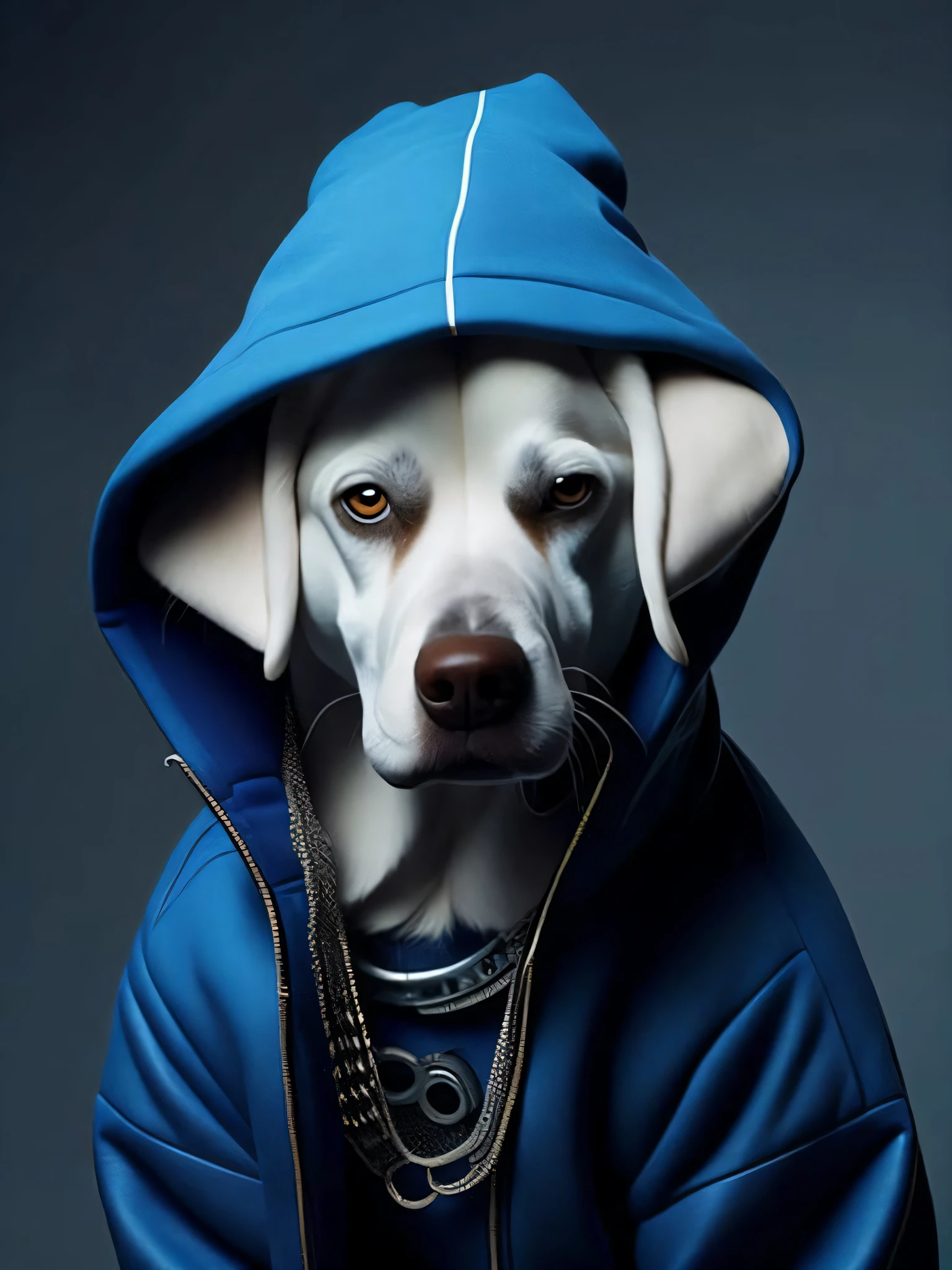 blackholeengine a dog wearing a blue hoodie and a chain around it's neck