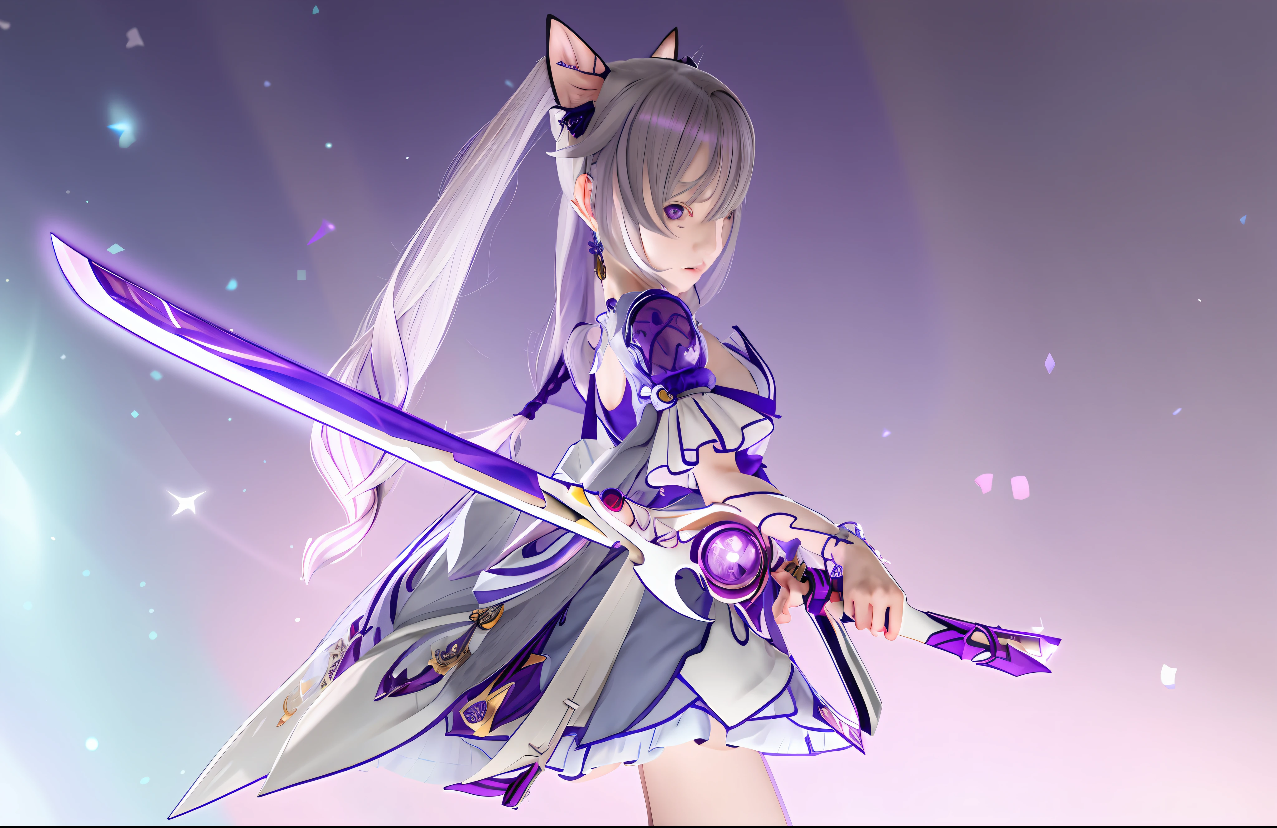 Real 3D, woman in blue dress holding sword in front of purple background, Ayaka Genshin Impact, Genshin Impact Kechin, Genshin Impact character, Ayaka Game Genshin Impact, Genshin Impact Nakazato, Katana Zero video game character, Genshin Impact style, detailed key anime art, Genshin, portrait Zodiac Girl Knight, masterpiece, (Photorealistic: 1.4), Top Quality, Beautiful Lighting, (ulzzang-6500:0.5), (Gray Hair) + (Long Hair) + (Bangs), Purple Eyes, Luminous Eyes, (Ticking), Genshin Impact, Cat Ears, Detailed Neon, RAW Photos, 8k UHD, Film Grain