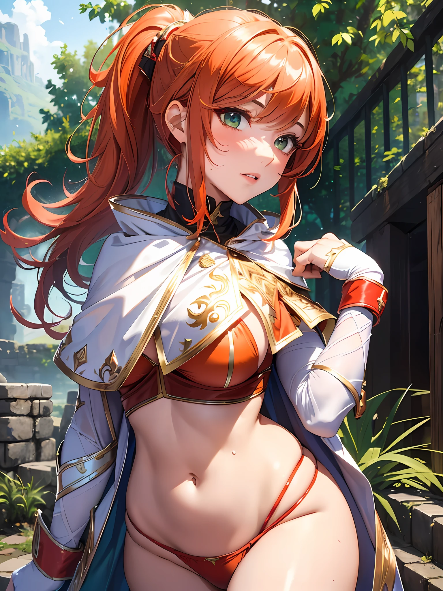 masterpiece, bset quality,detailed and clean eyes, big, hyperdimensional legend Lal, 1girl, emphasizing big, shiny skin, shiny big, 4k, female knight fighting brave monster, 1 girl,(red armor, red thong bikini、white cape、red wristband、red thighhighs、navel) , cleavage, constriction, (orange hair, long ponytail, bangs, green eyes), swords, dungeons with stone walls, background blurred, sweat, blush, shiny hair,