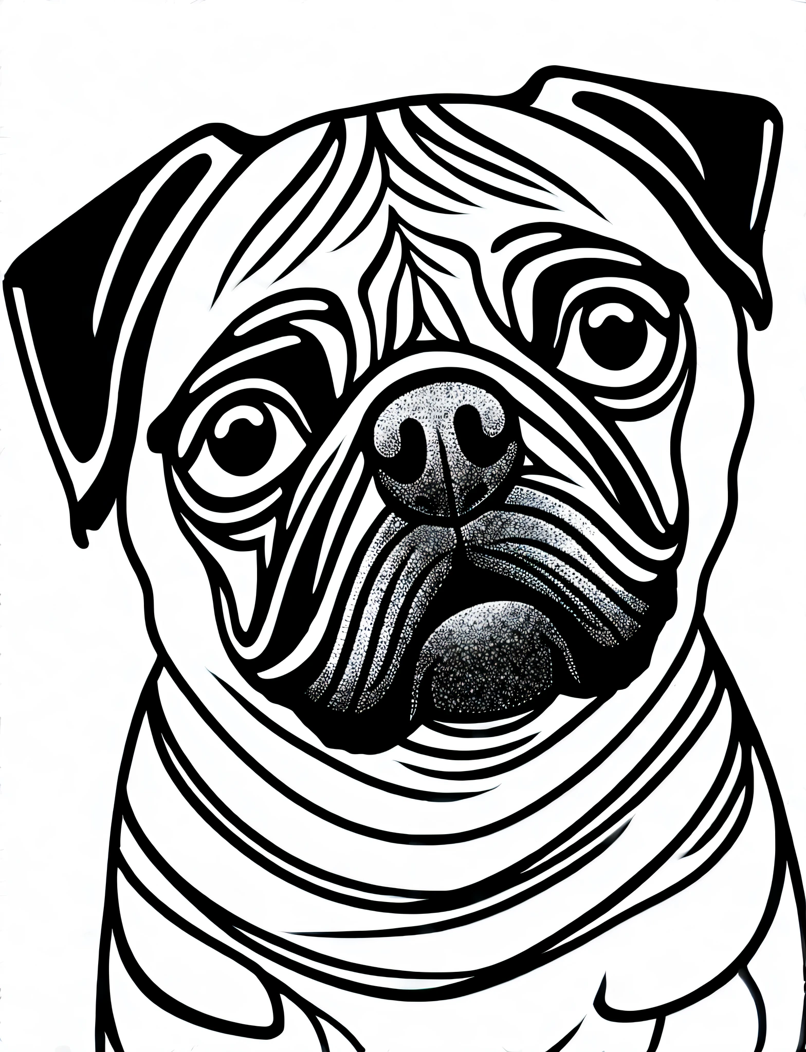 a Pug style dog, fantasy, magical, mandala, happy, black and white, wavy lines equal, realistic line art drawing, coloring book page, no noise, sharp thick lines, contour art, centered image, isolated on a white background