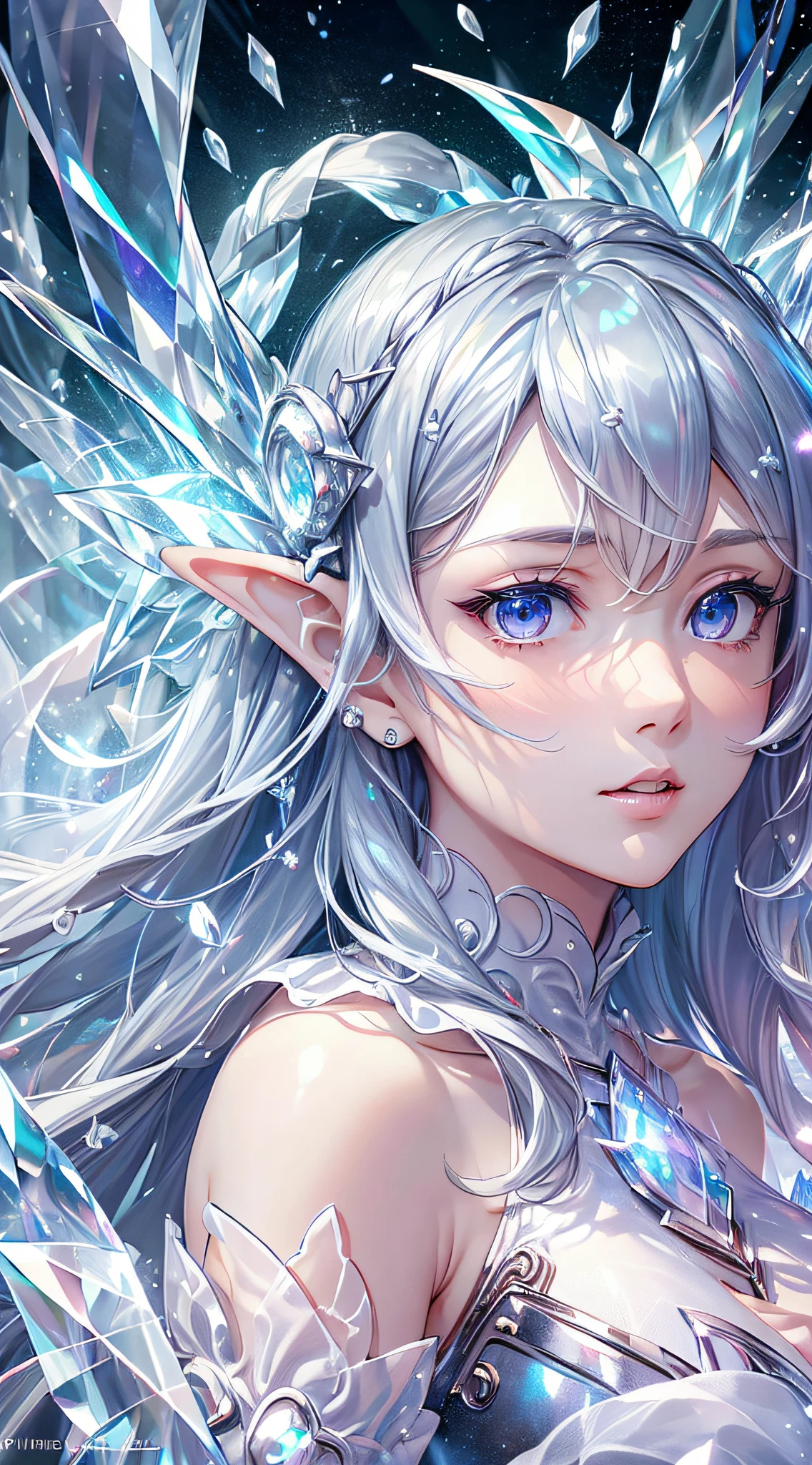 (Masterpiece, Top Quality, Best, Official Art, Beautiful and Aesthetic, Long Exposure: 1.2), Smooth Movement, Charming Patterns, 1 Girl, (Long Dress with Sleeves: 1.3), (((White Clothes) )), upper body close-up, bare shoulders, Chinese girl, blush, black lob hair, portrait, solo, upper body, looking at the observer, detailed background, detailed face, (crystallineAI, crystalline theme:1.1), elemental wind elves, rotation Wind, control the wind, white crystal clothing, dynamic pose, floating particles, ethereal dynamics, whirlwind, vapor, whirlwind in the background, white tone, whirlwind, ethereal atmosphere,