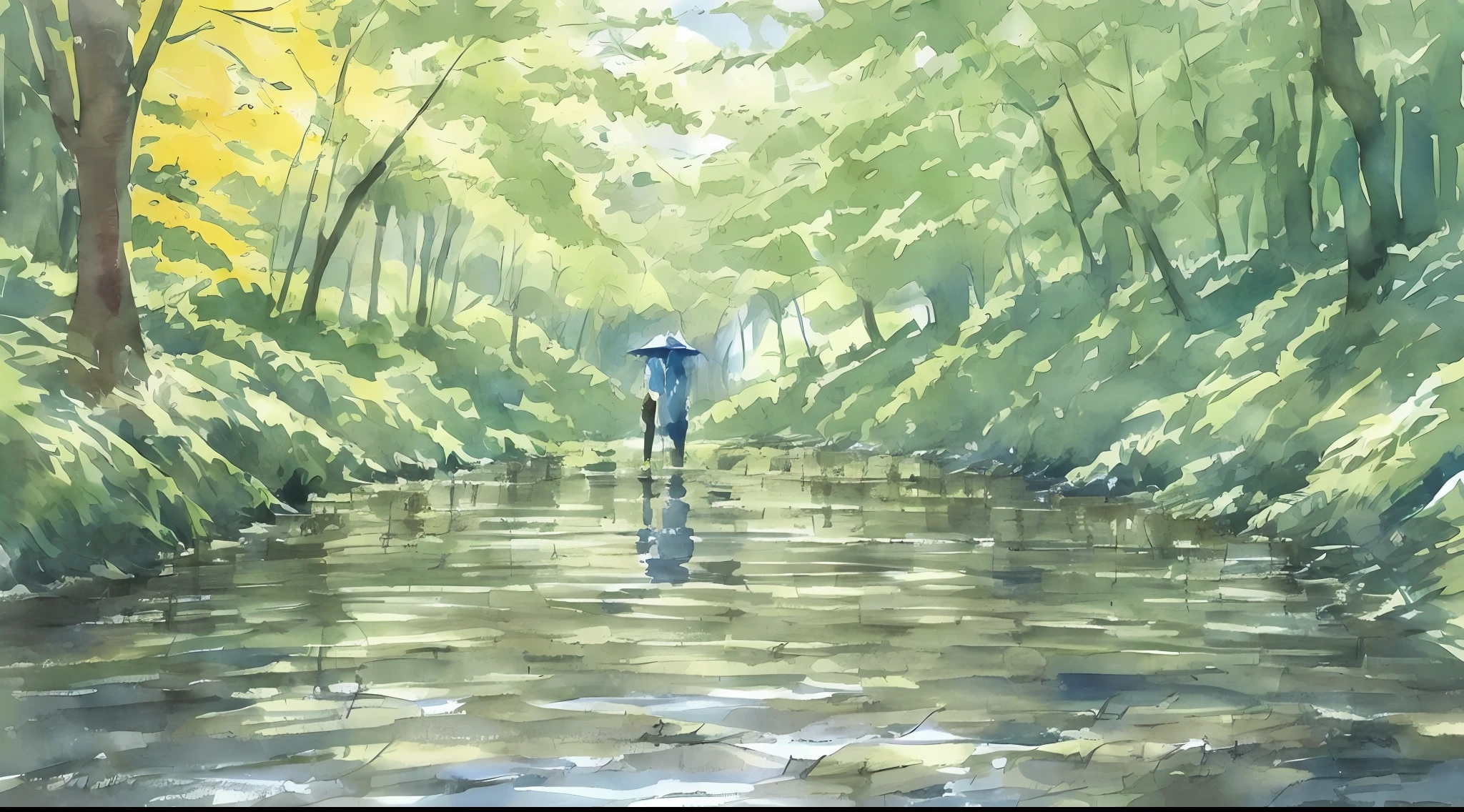 Wet trunks In the yellowness of the foliage, puddles, lonely girl, Watercolor drawing --auto --s2