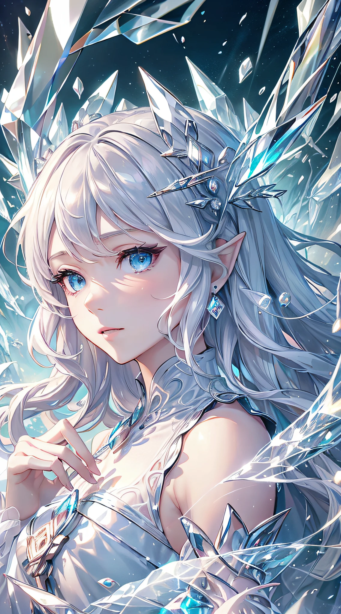 (Masterpiece, Top Quality, Best, Official Art, Beautiful and Aesthetic, Long Exposure: 1.2), Smooth Movement, Charming Patterns, 1 Girl, (Long Dress with Sleeves: 1.3), (((White Clothes) )), upper body close-up, bare shoulders, Chinese girl, blush, black lob hair, portrait, solo, upper body, looking at the observer, detailed background, detailed face, (crystallineAI, crystalline theme:1.1), elemental wind elves, rotation Wind, control the wind, white crystal clothing, dynamic pose, floating particles, ethereal dynamics, whirlwind, vapor, whirlwind in the background, white tone, whirlwind, ethereal atmosphere,