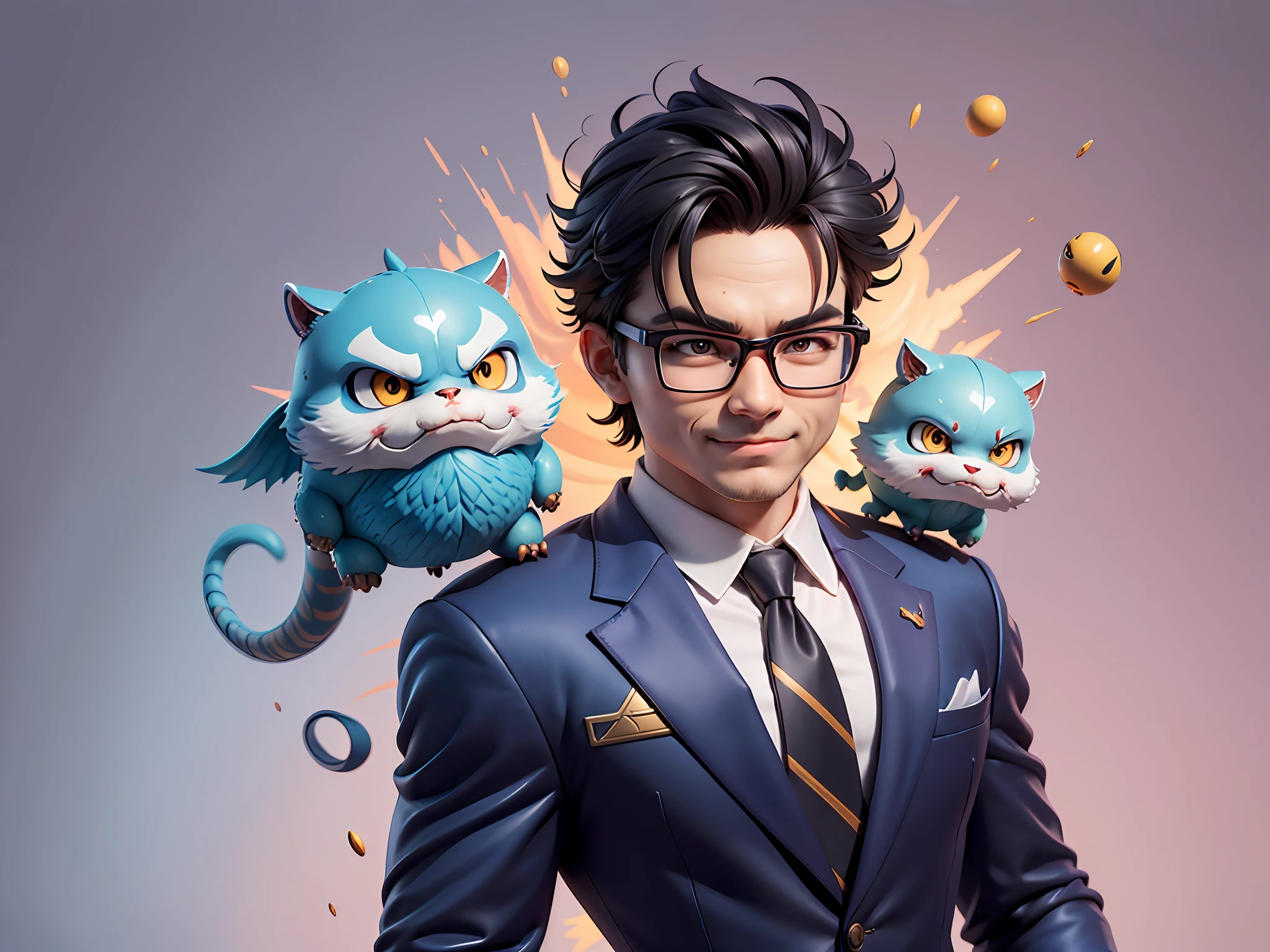 (Masterpiece), (Extreme Quality), (Super Meticulous), (Full Body: 1.2), Super Young Man, Chinese Dragon, Tiger, Wind God Thor, Sexy, Bursting, Oriental Face, TV Anchor, Bust Portrait Illustration, Black Formal Suit, Blue Tie, Slightly Chubby Face, Silver Glasses, Very Clean Face, No Beard on Chin, Black Super Short Hair, Black Eyes, Confident Smile, 3c Computer Sub-Products, iPad, iPhone, Digital Painting, 3D Character Design by Mark Claireden and Pixar and Hayao Miyazaki and Akira Toriyama, The illustration is a high-definition illustration in 4K resolution with very detailed facial features and cartoon-style visuals.