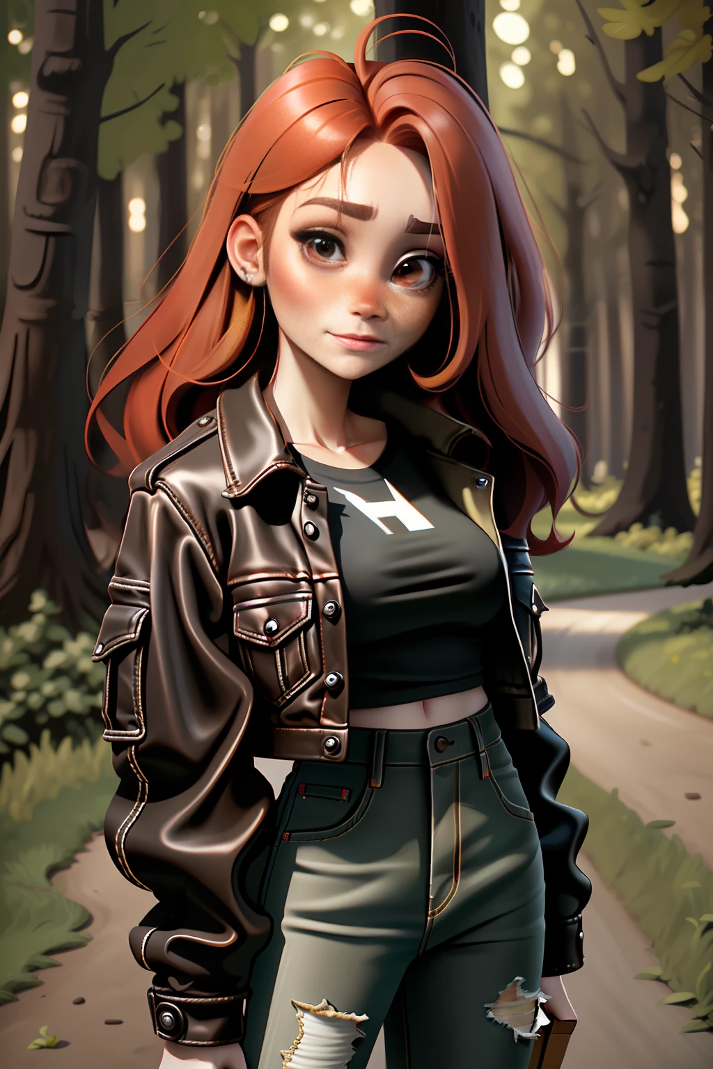 Masterpiece best quality ultra resolution.
The red-haired European woman is wearing ripped jeans and a plaid shirt, with a black leather jacket wrapped over it. Her light brown eyes glow with a piercing gaze, and a freckle on her face adds a touch of imperfect charm to her perfect face. She is standing in front of a black pole, in a park with trees in the background.
The scene is depicted in cinematic color, with a natural light effect that brings the image to life. The resolution of the image is 16k ultra HD, allowing you to visualize every detail with stunning clarity, from the texture of the leather jacket to the foliage of the trees in the background.
The woman's red hair is depicted with a vibrant texture, and her facial expression is one of determination and confidence. The light that shines in their light brown eyes makes them look deeply captivating.