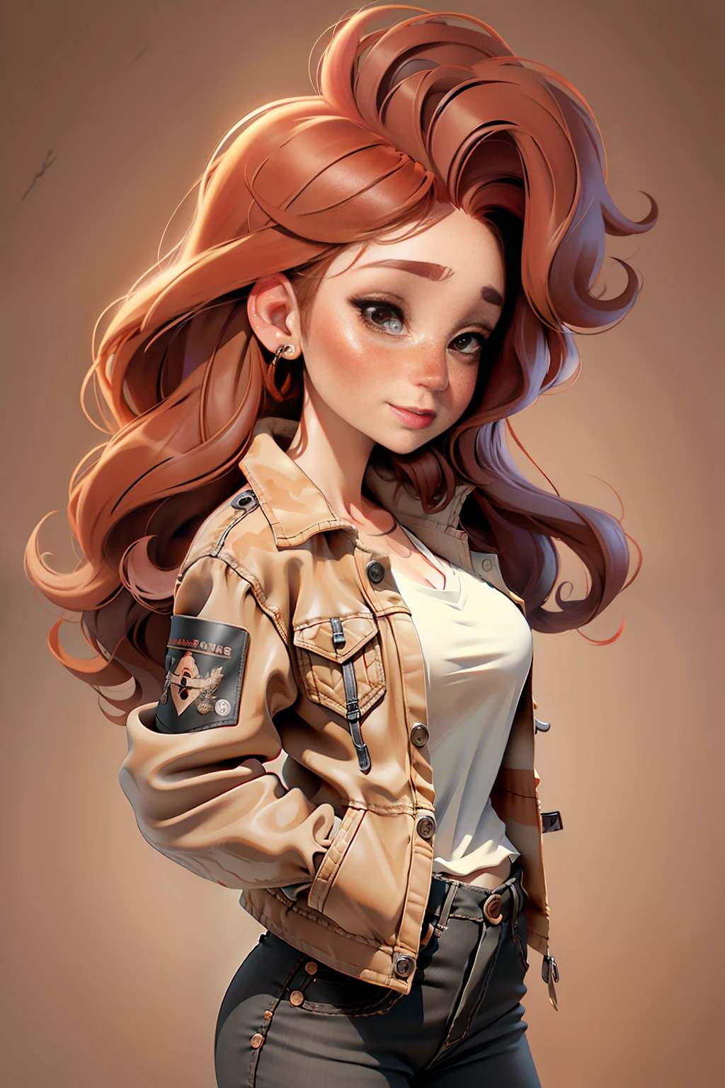 Masterpiece best quality ultra resolution.
The red-haired European woman is wearing ripped jeans and a plaid shirt, with a black leather jacket wrapped over it. Her light brown eyes glow with a piercing gaze, and a freckle on her face adds a touch of imperfect charm to her perfect face. She is standing in front of a black pole, in a park with trees in the background.
The scene is depicted in cinematic color, with a natural light effect that brings the image to life. The resolution of the image is 16k ultra HD, allowing you to visualize every detail with stunning clarity, from the texture of the leather jacket to the foliage of the trees in the background.
The woman's red hair is depicted with a vibrant texture, and her facial expression is one of determination and confidence. The light that shines in their light brown eyes makes them look deeply captivating.