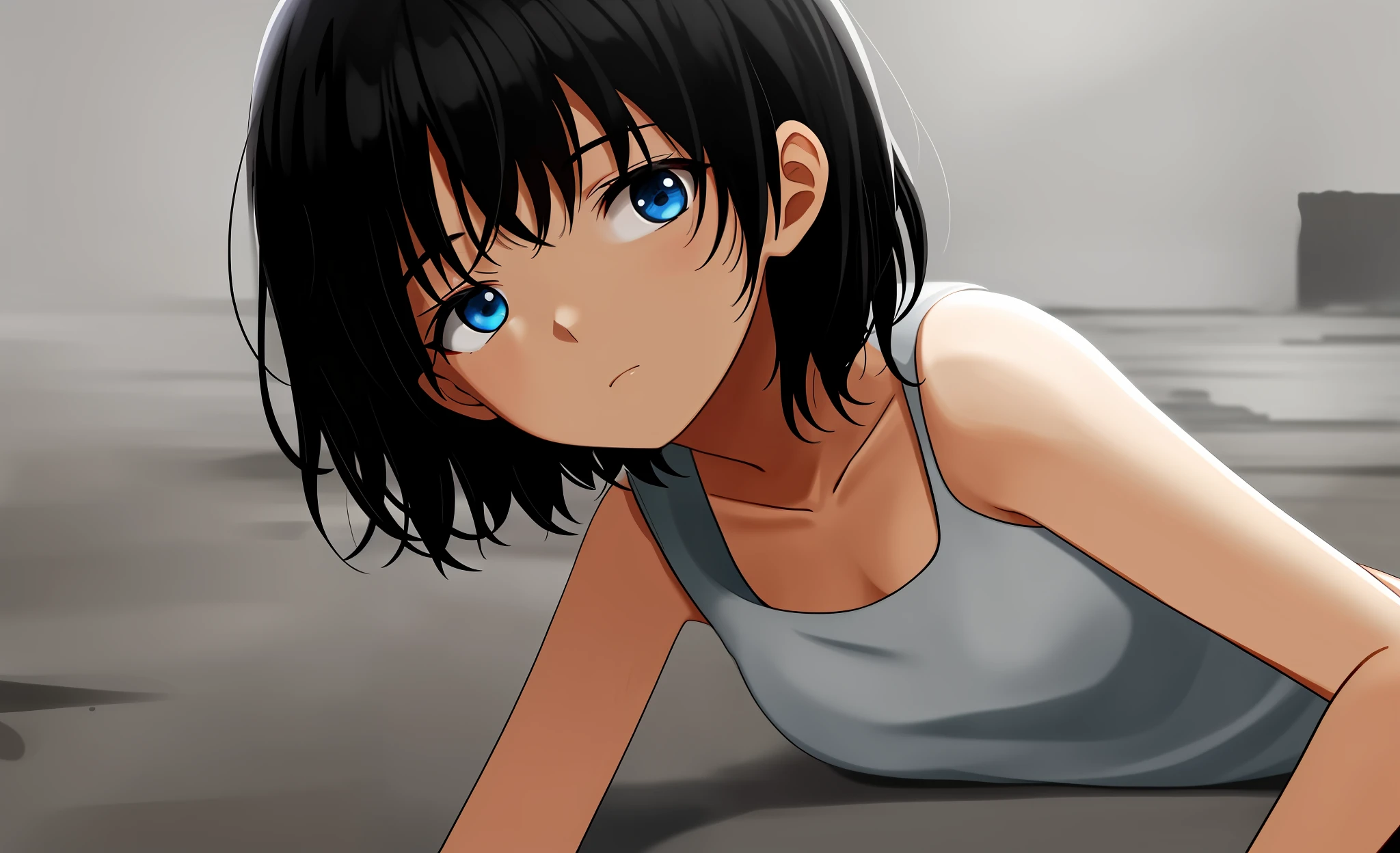 In a dark, dusty basement, a girl is getting up from the ground. She wears a simple short white dress and has short black hair. She doesn't look directly at the image and on her face there is an expression of weariness, adding a touch of beauty to the gloomy surroundings.