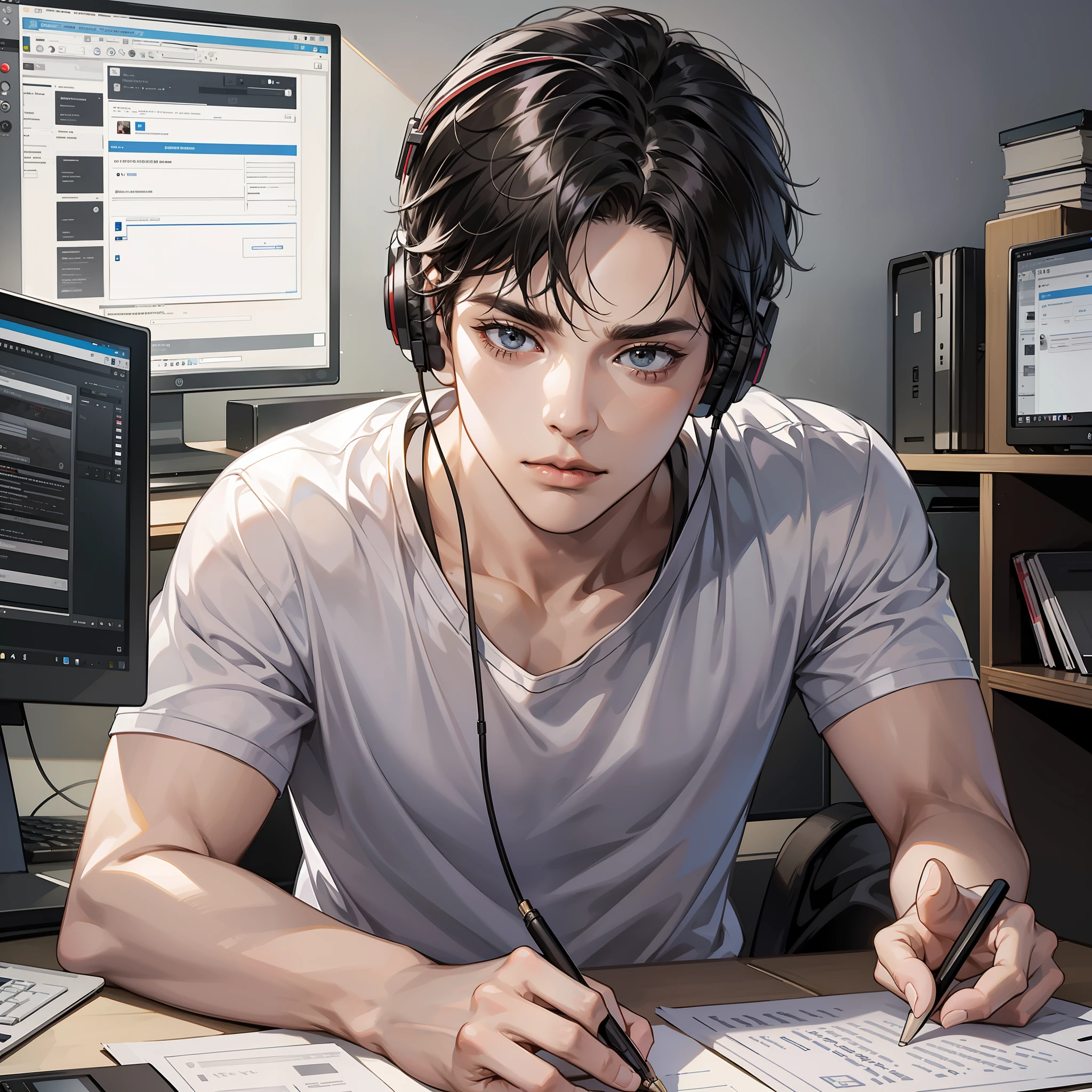 Masterpiece, high quality, best quality, HD, realistic, perfect lighting, detailed body, 1 man, short black hair, white t-shirt, serious expression, writing at a desk, wearing headphones, facing the computer monitor, in the room