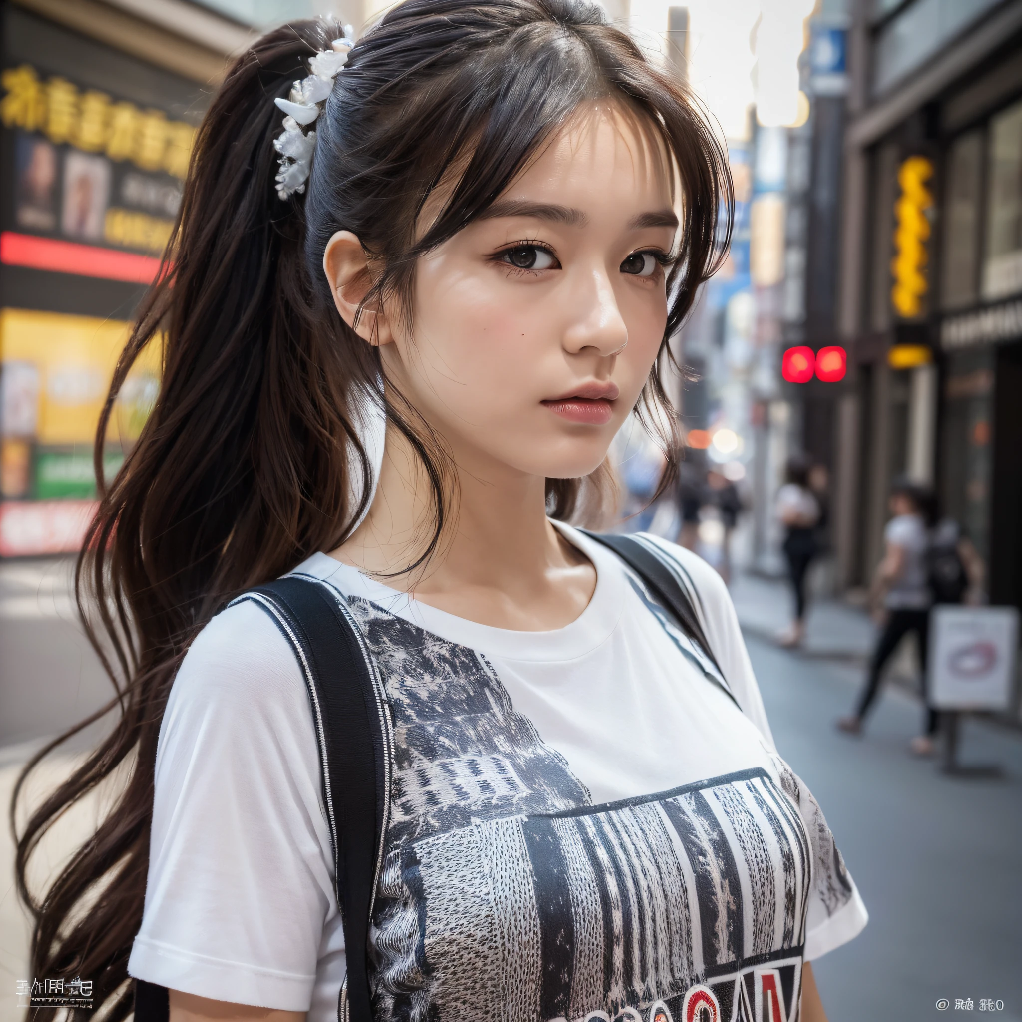 ((top quality, 8k, masterpiece: 1.3)), sharp focus: 1.2, 1 girl, semi-long hair, black hair, black eyes, highly detailed face and skin texture, detailed eyes, double eyelids, t-shirt, walking around Ginza, ponytail