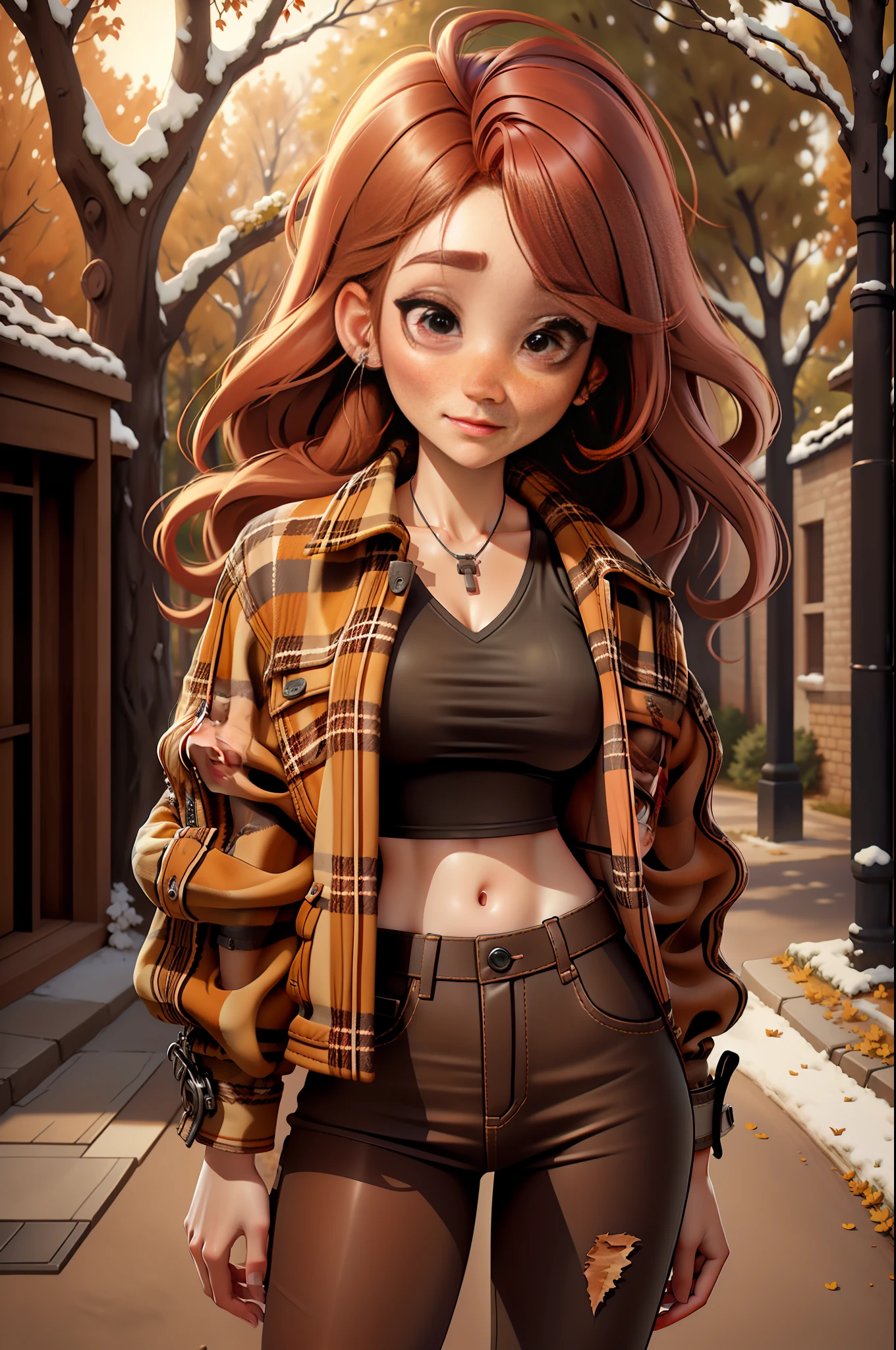 Masterpiece best quality ultra resolution.
The red-haired European woman is wearing ripped jeans and a plaid shirt, with a black leather jacket wrapped over it. Her light brown eyes glow with a piercing gaze, and a freckle on her face adds a touch of imperfect charm to her perfect face. She is standing in front of a black pole, in a park with trees in the background.
The scene is depicted in cinematic color, with a natural light effect that brings the image to life. The resolution of the image is 16k ultra HD, allowing you to visualize every detail with stunning clarity, from the texture of the leather jacket to the foliage of the trees in the background.
The woman's red hair is depicted with a vibrant texture, and her facial expression is one of determination and confidence. The light that shines in their light brown eyes makes them look deeply captivating.