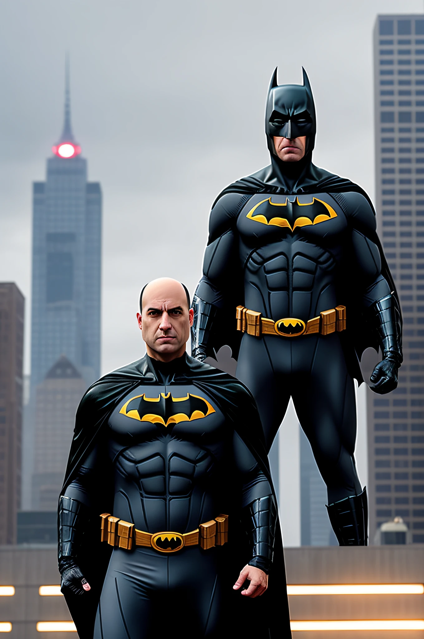 Full body, Only 1/brunette and bald man, wearing Batman costume without the mask, bald man, looking at the camera, Gotham City background, raining, Only 1/Brown and bald man, Hyperrealism, 16k, best quality, high details, anatomically correct, masterpiece, UHD