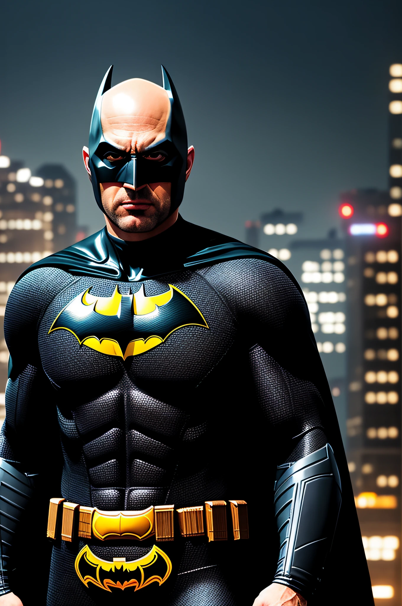 Full body, Only 1/brunette and bald man, wearing Batman costume without the mask, bald man, looking at the camera, Gotham City background, raining, Only 1/Brown and bald man, Hyperrealism, 16k, best quality, high details, anatomically correct, masterpiece, UHD