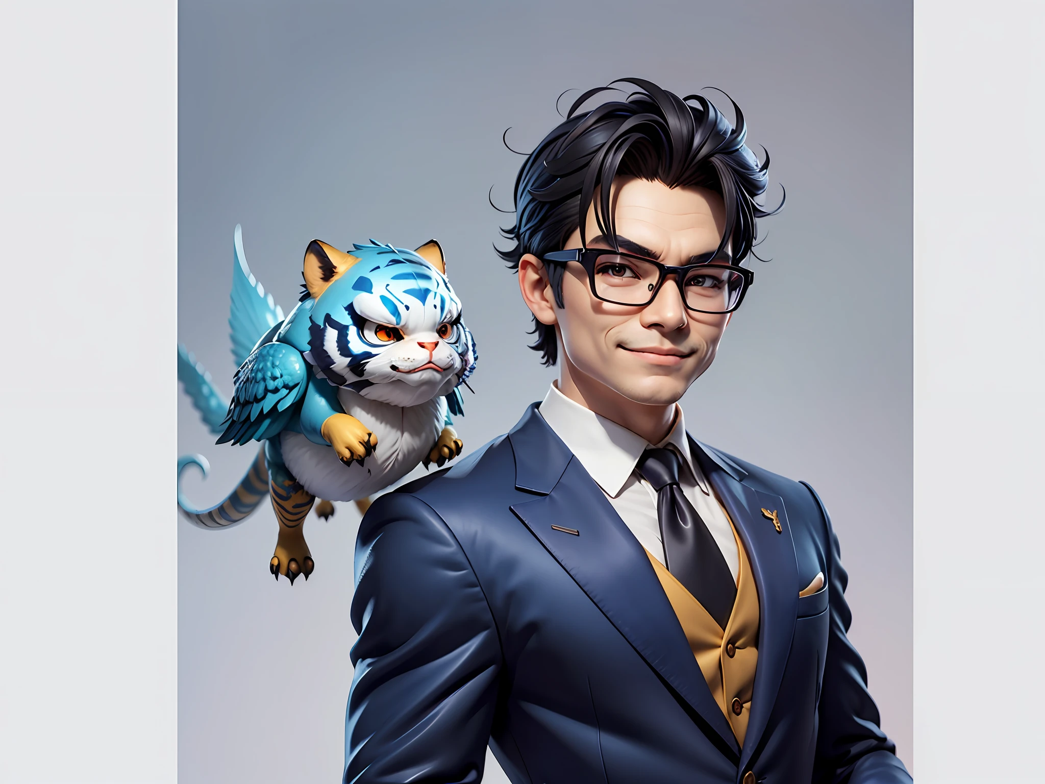 (Masterpiece), (Extreme Quality), (Super Meticulous), (Full Body: 1.2), Super Young Man, Chinese Dragon, Tiger, Wind God Thor, Sexy, Bursting, Oriental Face, TV Anchor, Bust Portrait Illustration, Black Formal Suit, Blue Tie, Slightly Chubby Face, Silver Glasses, Very Clean Face, No Beard on Chin, Black Super Short Hair, Black Eyes, Confident Smile, 3c Computer Sub-Products, iPad, iPhone, Digital Painting, 3D Character Design by Mark Claireden and Pixar and Hayao Miyazaki and Akira Toriyama, The illustration is a high-definition illustration in 4K resolution with very detailed facial features and cartoon-style visuals.