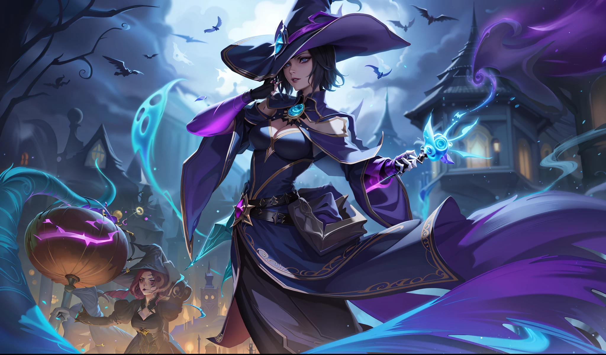 a close up of a woman in a witch costume holding a wand, leblanc, official splash art, ashe, supervillain sorceress witch, fashionable dark witch, evil sorceress witch, dark witch character, splash art, arcane jinx, iconic character splash art, dark witch, dark sorceress full view, morgana, evil sorceress