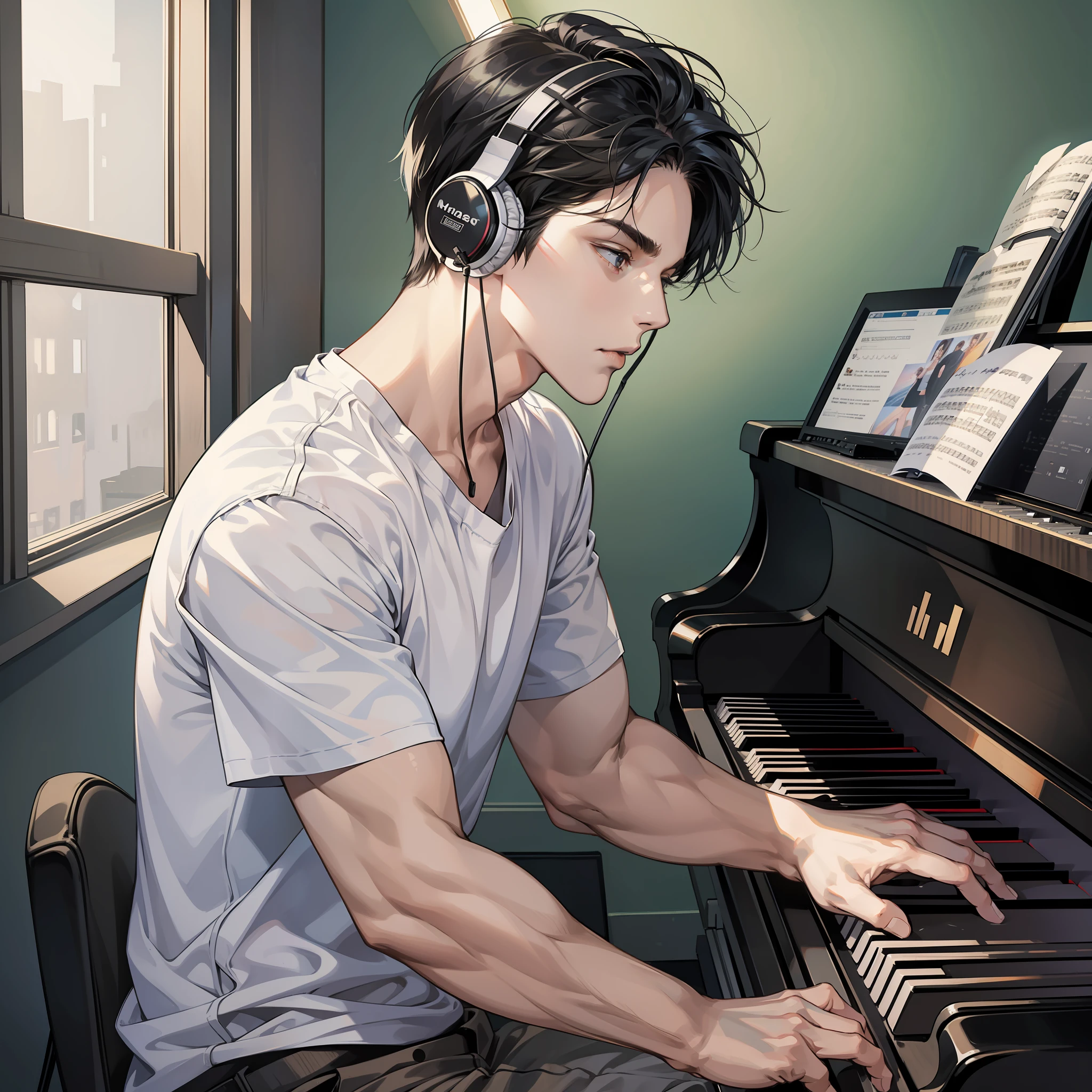 Masterpiece, high quality, best quality, HD, realistic, perfect lighting, detailed body, 1 man, short black hair, white t-shirt, serious expression, sitting in front of the piano, playing the piano, wearing headphones, facing the computer monitor, in the room