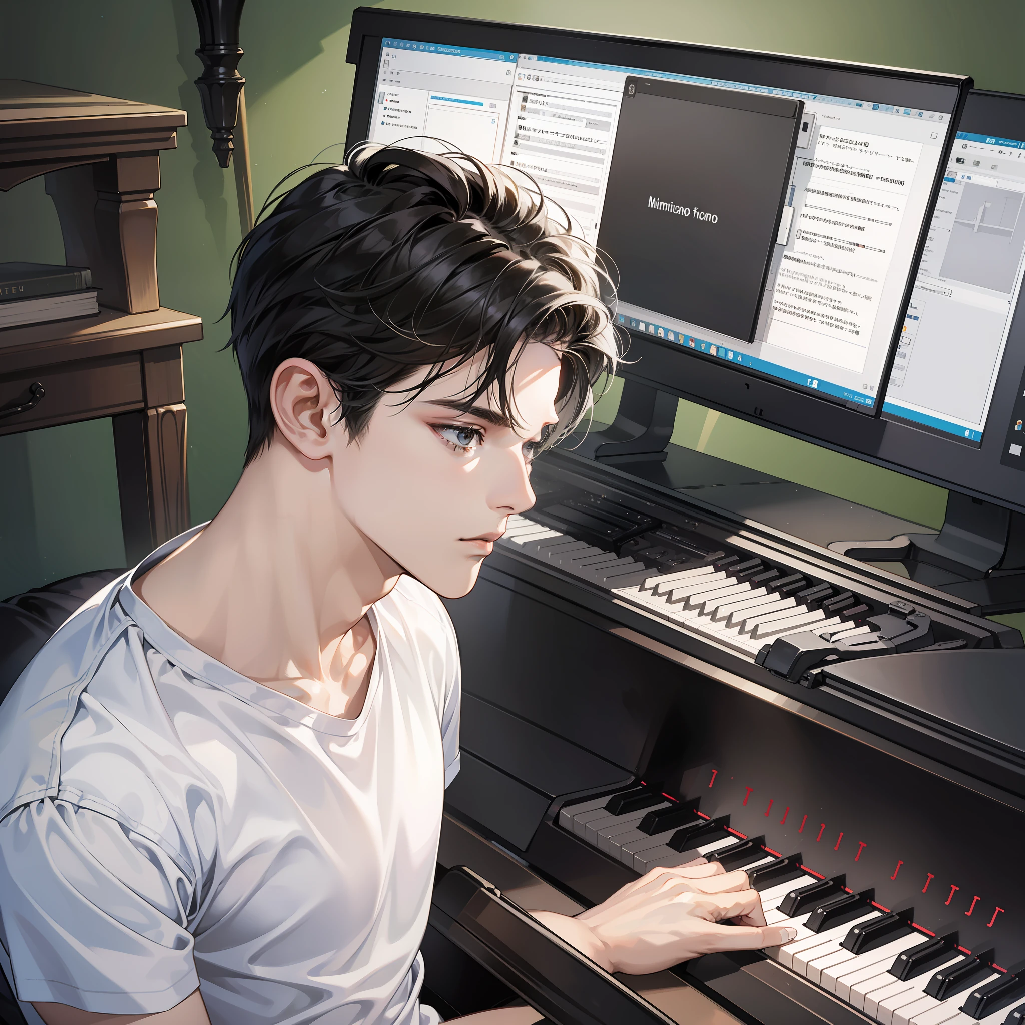 Masterpiece, high quality, best quality, HD, realistic, perfect lighting, detailed body, 1 man, short black hair, white t-shirt, serious expression, sitting in front of the piano, playing the piano, wearing headphones, facing the computer monitor, in the room