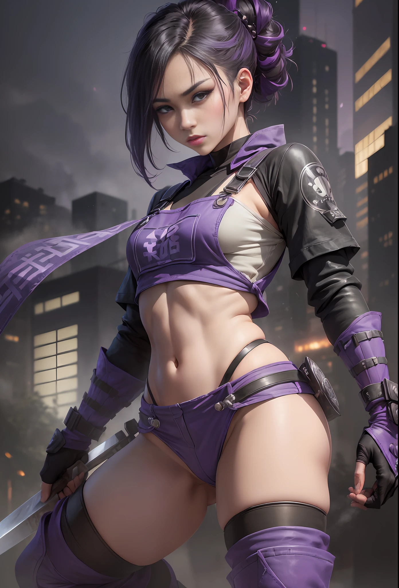 (
    (Character: a samurai girl, japanese:1.4, undercut hair:1.3, innocent expression,frackles:1.3, slim body:1.2,short, slim legs, slim waist, (attractive facial:1.3))
    (Outfit: purple worker overalls:1.3, black knee pads, black t-shirt, boots:1.3)
    (two swords on hands)
    (Pose: full body shot:1.5)
    (Background: intense urban lights in background, dark, ominous, foggy, night, purple color scheme)
    (Style: ((Best quality)), ((masterpiece)), (face detailed:1.4),texture skin, amazing,photo-realistic:1.3,Anisotropic Filtering,Depth-of-field,Maximum clarity and sharpness,Multi-layered textures, hyperrealistic,150mm)
)