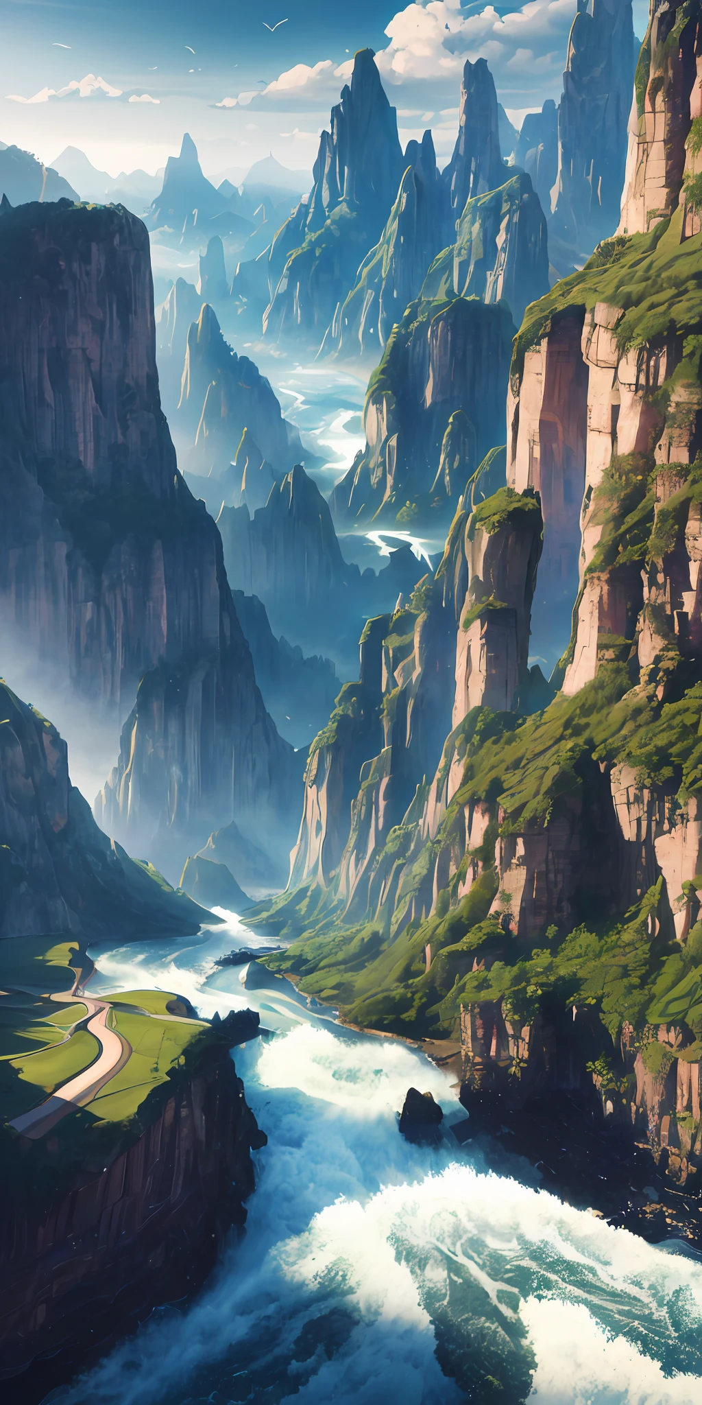 Masterpiece, Top quality, High quality, Highly detailed CG unity 8k wallpaper, Scenery, Outdoors, Sky, Clouds, Sun, No people, Mountains, Scenery, Water, Trees, Blue sky, Waterfalls, Cliffs, Nature, Lakes, Rivers , cloudy sky, award-winning photography, bokeh, depth of field, HDR, bloom, chromatic aberration, photorealistic, highly detailed, artstation trend, CGsociety trend, complex, high detail, dramatic, on the road art