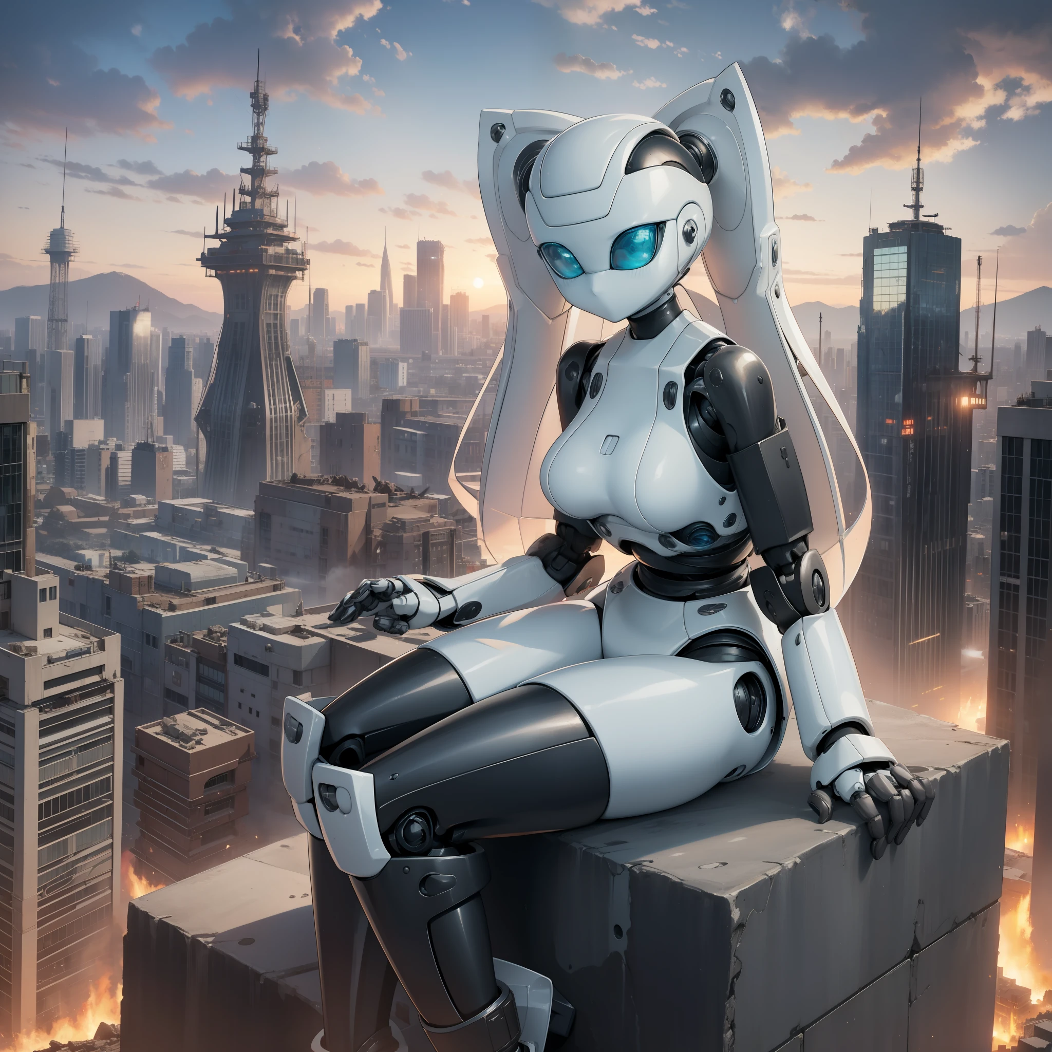 Beautiful and detailed image, drossel, twintail, boots, woman, robot, smile, blue eyes, looking at the viewer, small breasts, 4k, masterpiece, best quality, solo, single character, high detail, (no mouth), big eyes, full-length, future, science fiction, legs, metal hair, huge dump, excavator, gloomy, tower, mountains of garbage, wrecked cars, fire, smoke, ruined city, sunset, evening, ruins of the city,  anime character, android, robot, sfw, cruiser that fell on the city, starry sky, human height, flooded city, sitting on the ground, construction crane