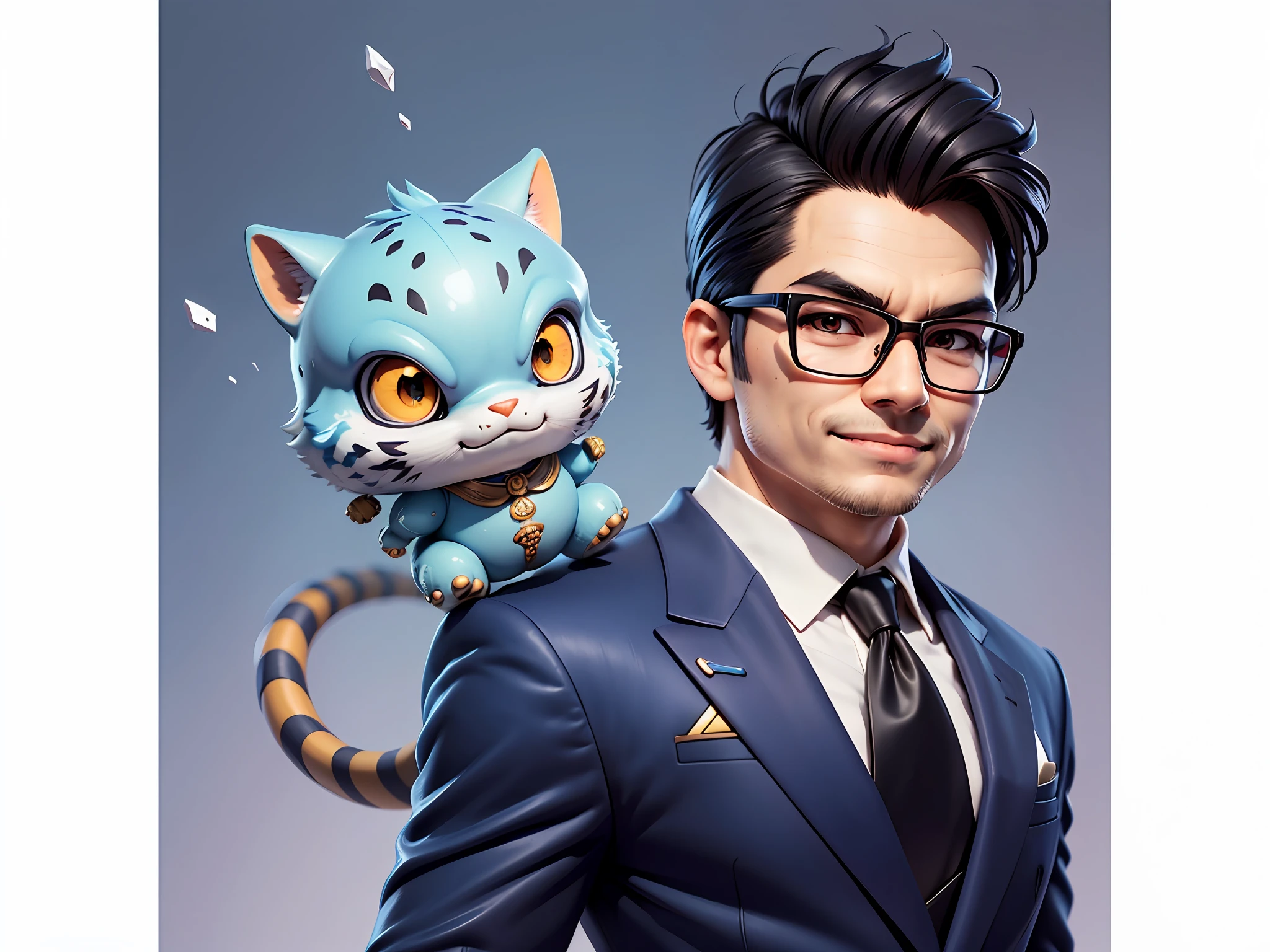 (Masterpiece), (Extreme Quality), (Super Meticulous), (Full Body: 1.2), Super Young Man, Chinese Dragon, Tiger, Wind God Thor, Sexy, Bursting, Oriental Face, TV Anchor, Bust Portrait Illustration, Black Formal Suit, Blue Tie, Slightly Chubby Face, Silver Glasses, Very Clean Face, No Beard on Chin, Black Super Short Hair, Black Eyes, Confident Smile, 3c Computer Sub-Products, iPad, iPhone, Digital Painting, 3D Character Design by Mark Claireden and Pixar and Hayao Miyazaki and Akira Toriyama, The illustration is a high-definition illustration in 4K resolution with very detailed facial features and cartoon-style visuals.