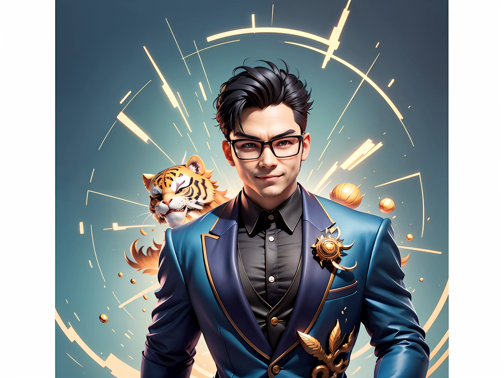 (Masterpiece), (Extreme Quality), (Super Meticulous), (Full Body: 1.2), Super Young Man, Chinese Dragon, Tiger, Wind God Thor, Sexy, Bursting, Oriental Face, TV Anchor, Bust Portrait Illustration, Black Formal Suit, Blue Tie, Slightly Chubby Face, Silver Glasses, Very Clean Face, No Beard on Chin, Black Super Short Hair, Black Eyes, Confident Smile, 3c Computer Sub-Products, iPad, iPhone, Digital Painting, 3D Character Design by Mark Claireden and Pixar and Hayao Miyazaki and Akira Toriyama, The illustration is a high-definition illustration in 4K resolution with very detailed facial features and cartoon-style visuals.