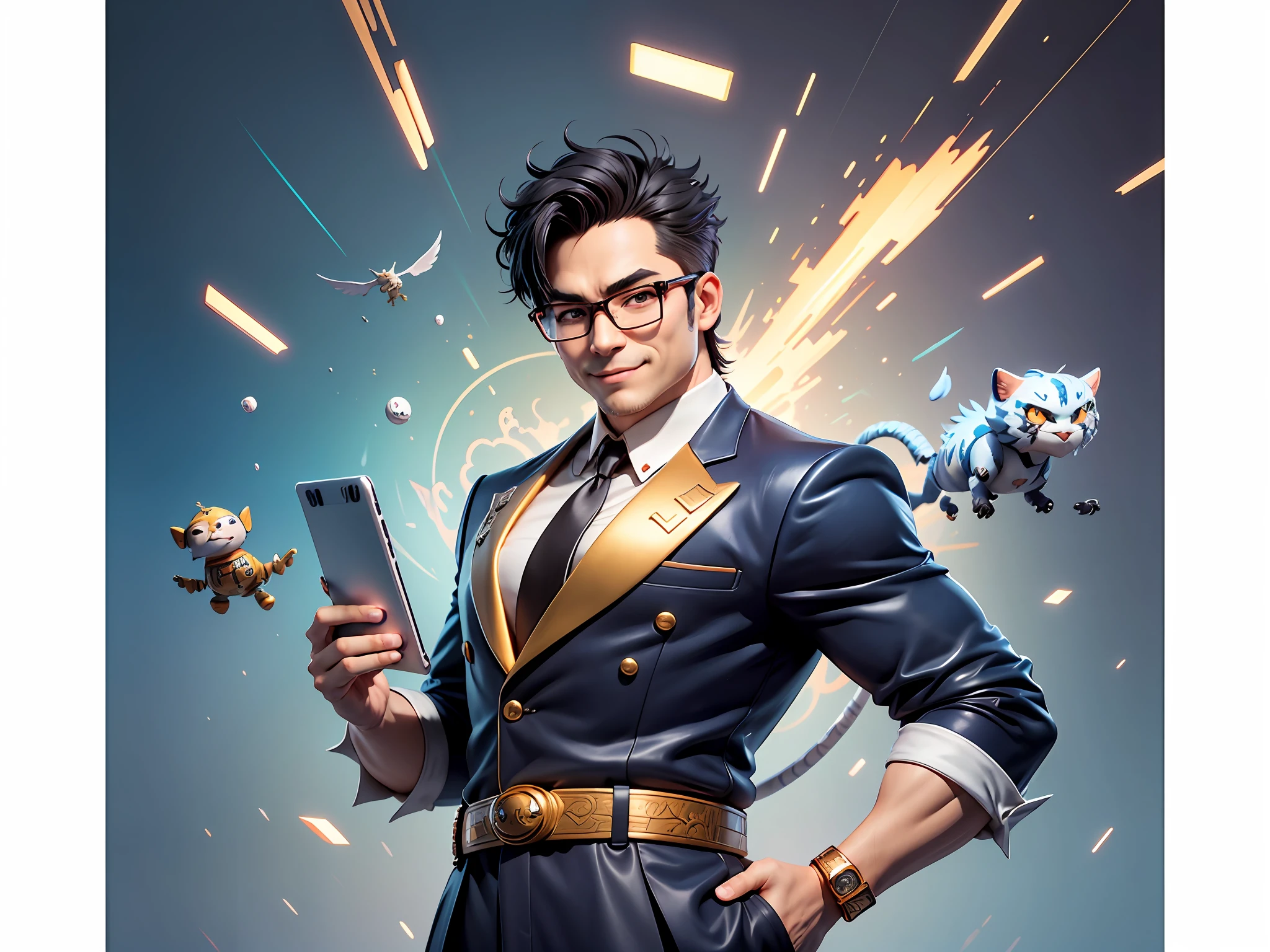 (Masterpiece), (Extreme Quality), (Super Meticulous), (Full Body: 1.2), Super Young Man, Chinese Dragon, Tiger, Wind God Thor, Sexy, Bursting, Oriental Face, TV Anchor, Bust Portrait Illustration, Black Formal Suit, Blue Tie, Slightly Chubby Face, Silver Glasses, Very Clean Face, No Beard on Chin, Black Super Short Hair, Black Eyes, Confident Smile, 3c Computer Sub-Products, iPad, iPhone, Digital Painting, 3D Character Design by Mark Claireden and Pixar and Hayao Miyazaki and Akira Toriyama, The illustration is a high-definition illustration in 4K resolution with very detailed facial features and cartoon-style visuals.