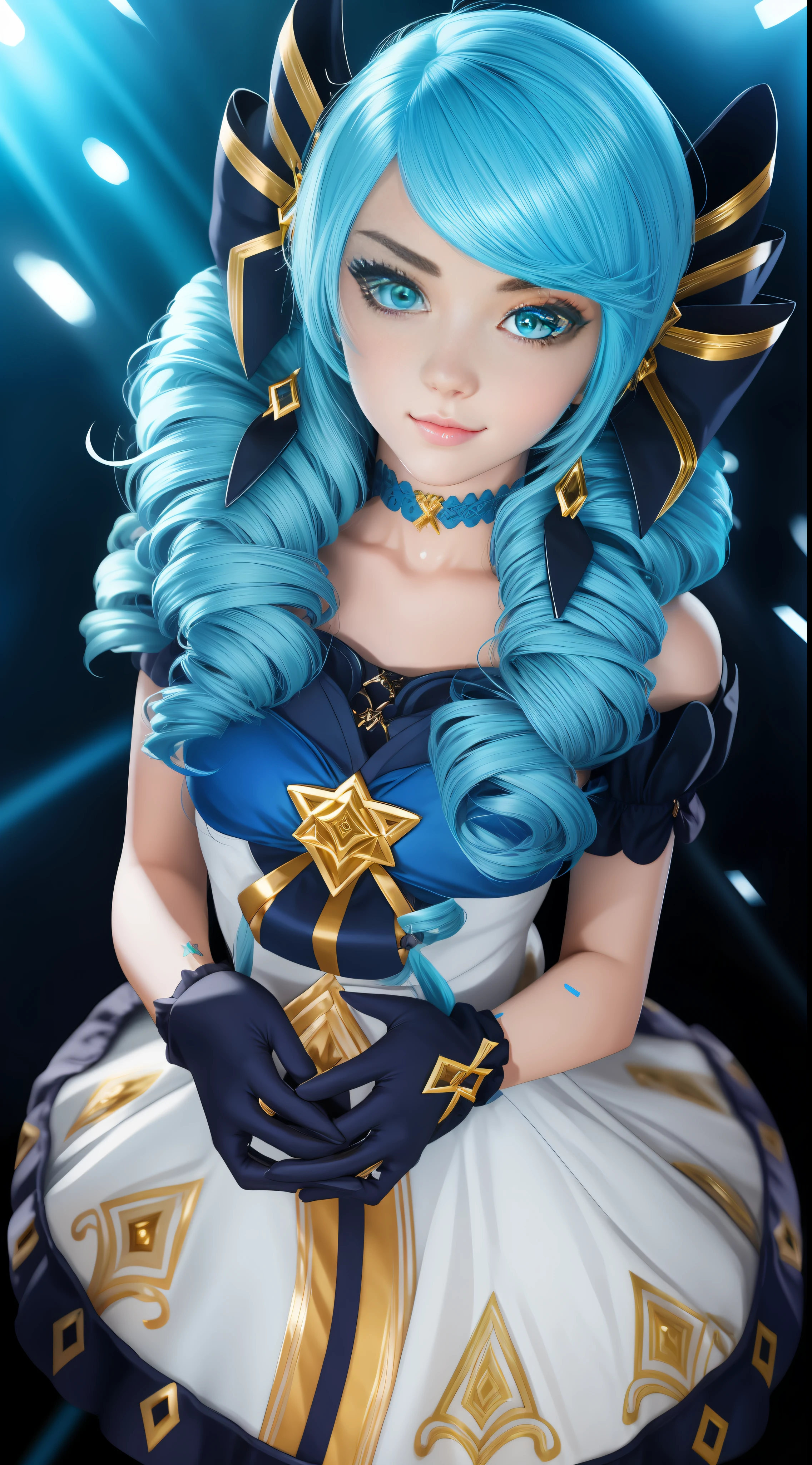 (medium head) perfect face, Beautiful face, extremely detailed eyes, beautiful eyes, medium eyes, anime girl, sexy pose, alone, 1girl, short wavy hair, angry look, smile, drill hair, gwen, blue hair, best quality, masterpiece, white dress, hair ornament, bow, crouched, gloves, black tights, legs, perfect lighting,