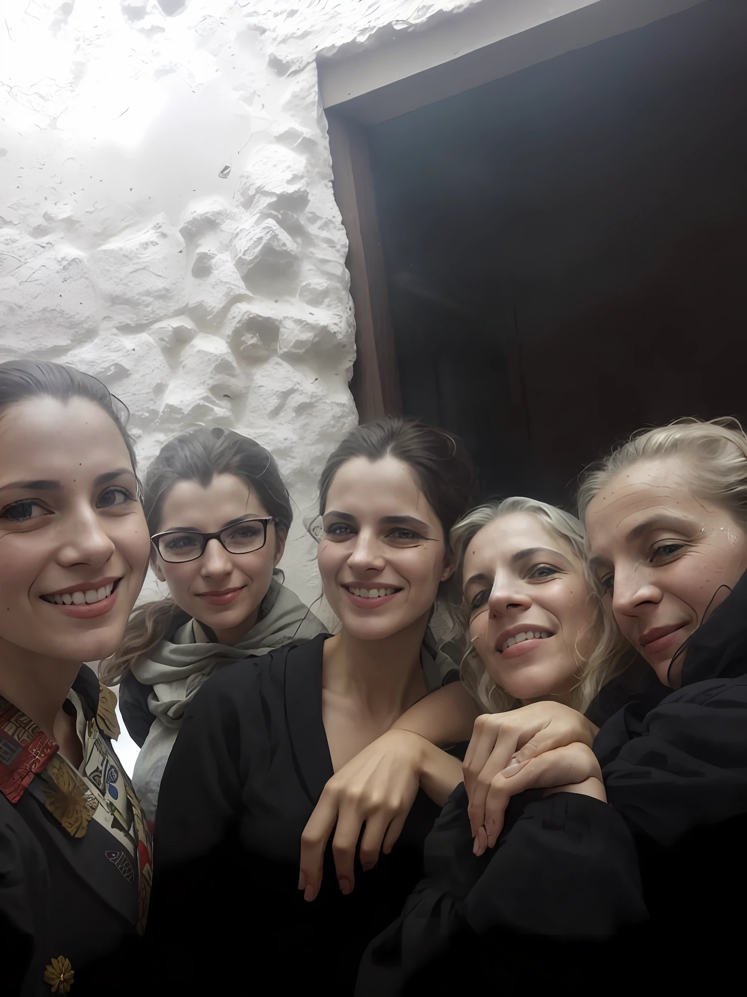 several women are posing for a photo in a room, by Fede Galizia, photo taken in 2 0 2 0, with wet faces!!, photo taken in 2018, selfie photo, beautiful women, static photo, static photo, inspired by Fede Galizia, by Nándor Katona, group of people in an elevator, real photo, with village, dressed in armor