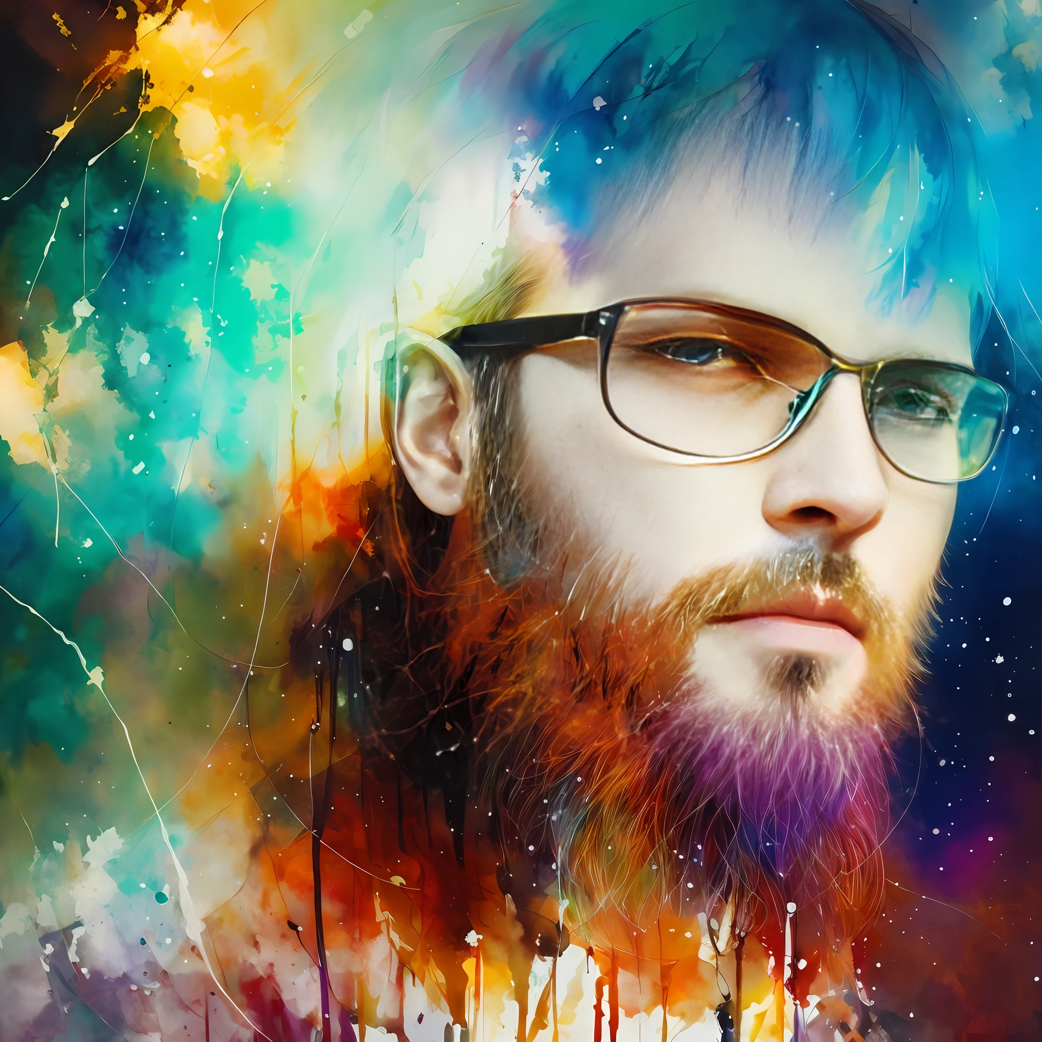 Painting of a man (Agnes Cecile), luminous design, pastel colors, ink drips, autumn lights, bald, bearded, sunglasses