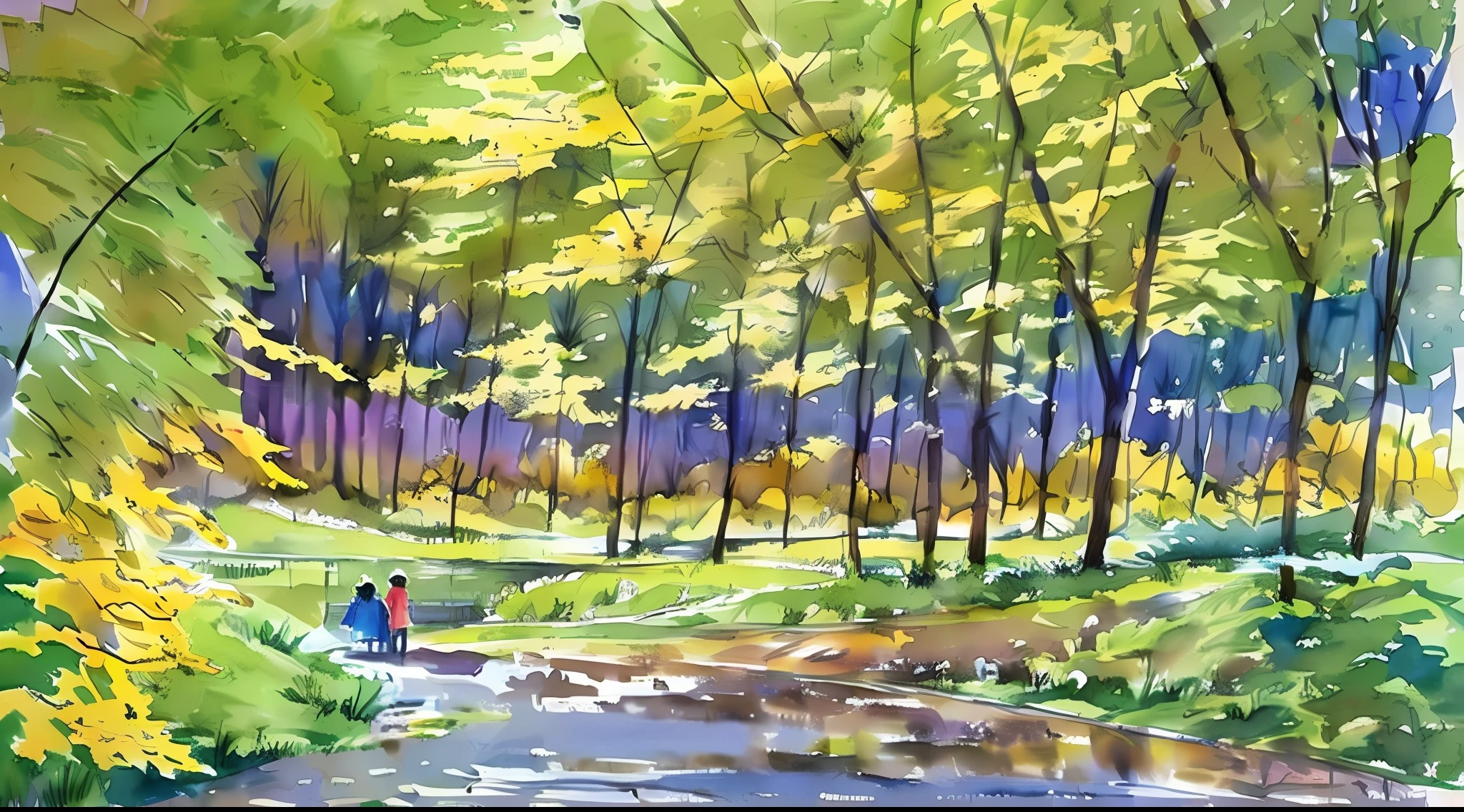 Wet trunks In the yellowness of the foliage, Slush, puddles, lonely girl, Watercolor and pencil drawing