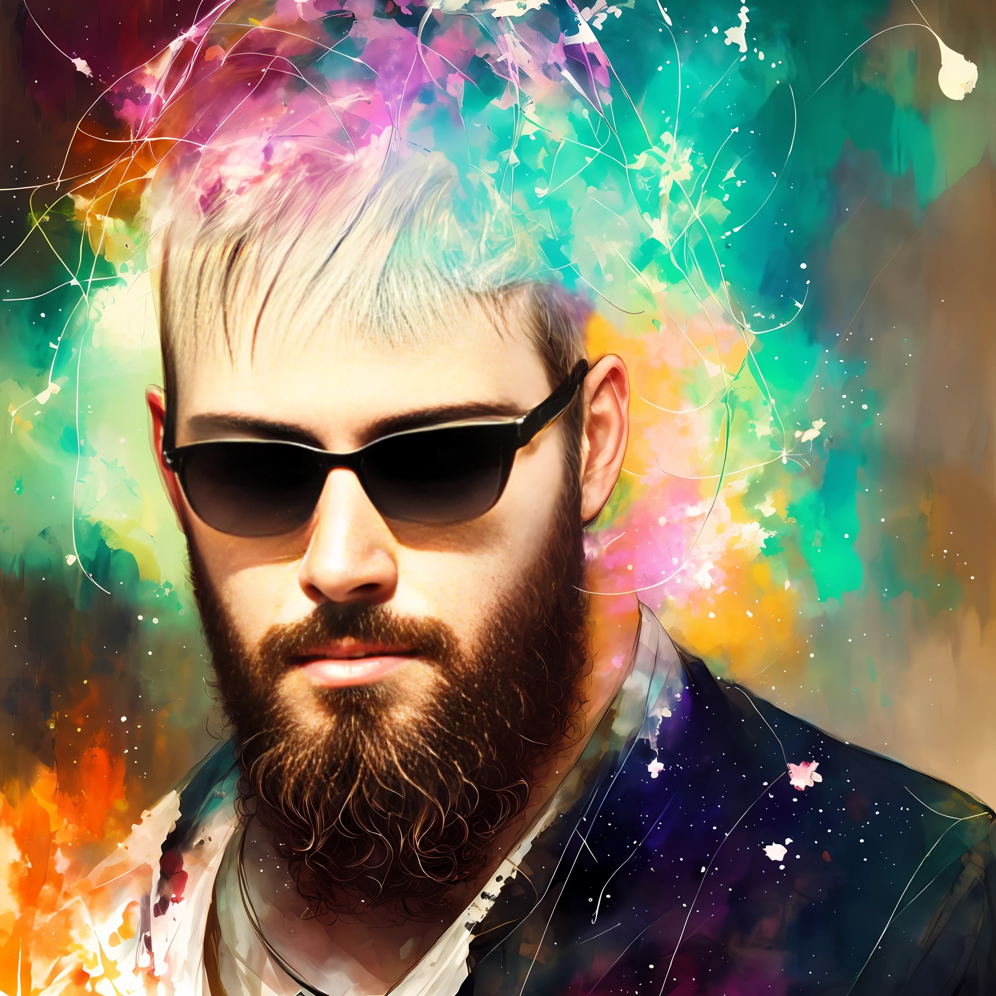 Painting of a man (Agnes Cecile), luminous design, pastel colors, ink drips, autumn lights, bald, bearded, sunglasses