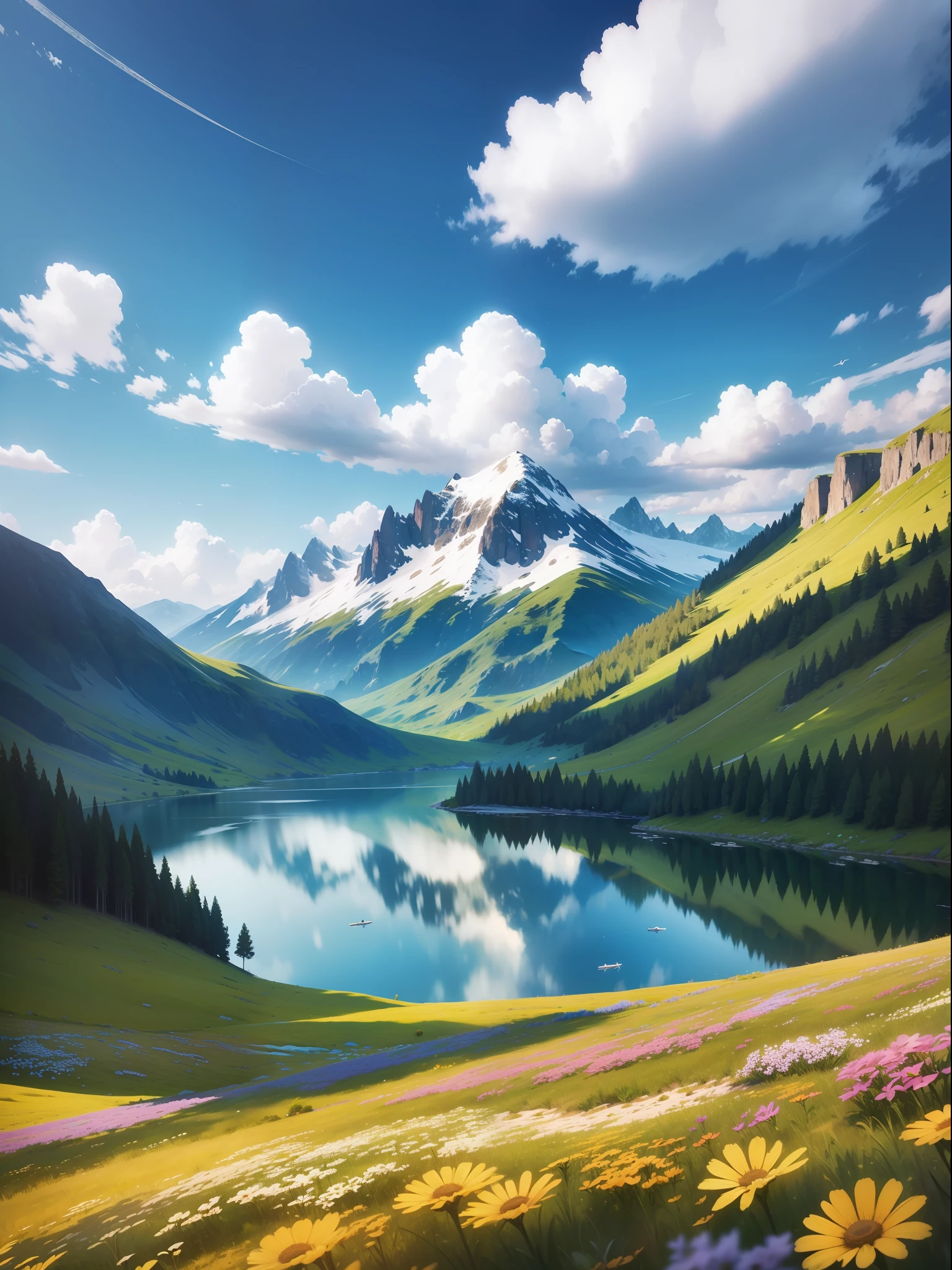 Summer, meadows, a few small flowers, clear lakes, sheep, heaven, large clouds, blue sky, hot weather, HD detail, hyper-detail, cinematic, surrealism, soft light, deep field focus bokeh, distant vistas are snowy mountains, ray tracing, and surrealism.