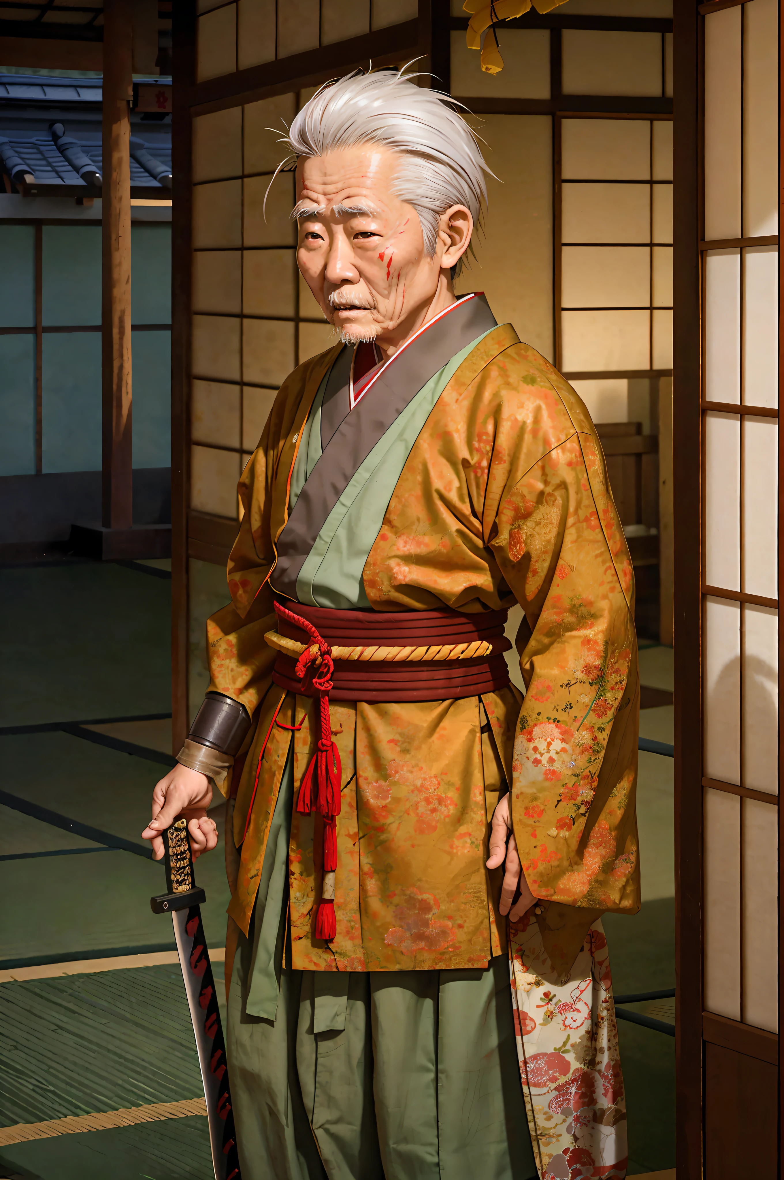 Old Japanese man, many wrinkles on the face, scars on the cheek, amputated left ring finger, samurai warrior, gray hair, Japanese edo period, recovered photograph, (film grain: 1.2), (disposable film: 1.2), bad lighting, dim, put a katana on your waist, more details of expressions on the face