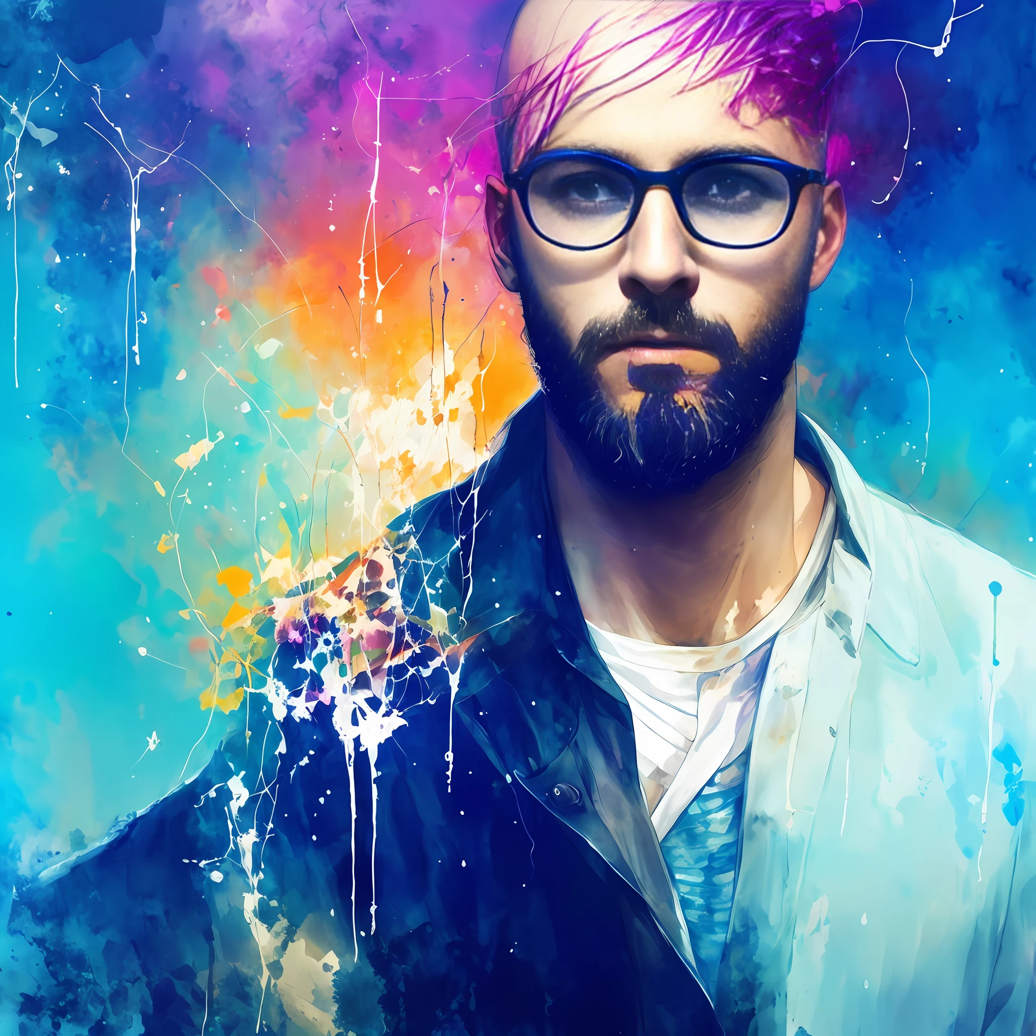 Painting of a man (Agnes Cecile), luminous design, pastel colors, ink drips, autumn lights, bald, bearded, sunglasses