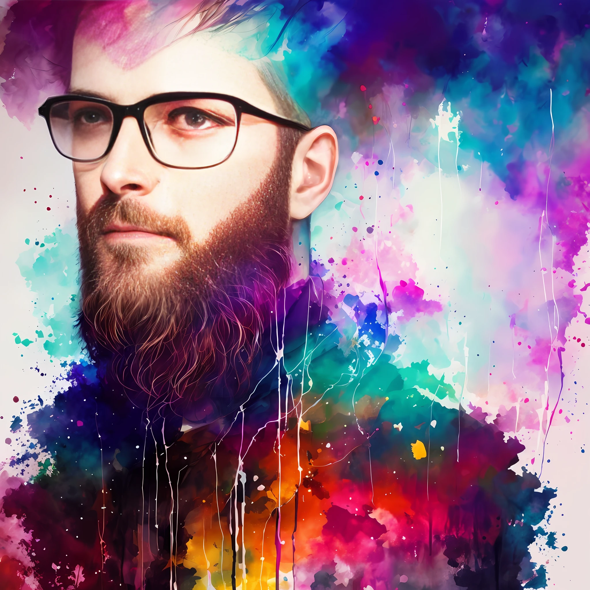 Painting of a man (Agnes Cecile), luminous design, pastel colors, ink drips, autumn lights, bald, bearded, sunglasses