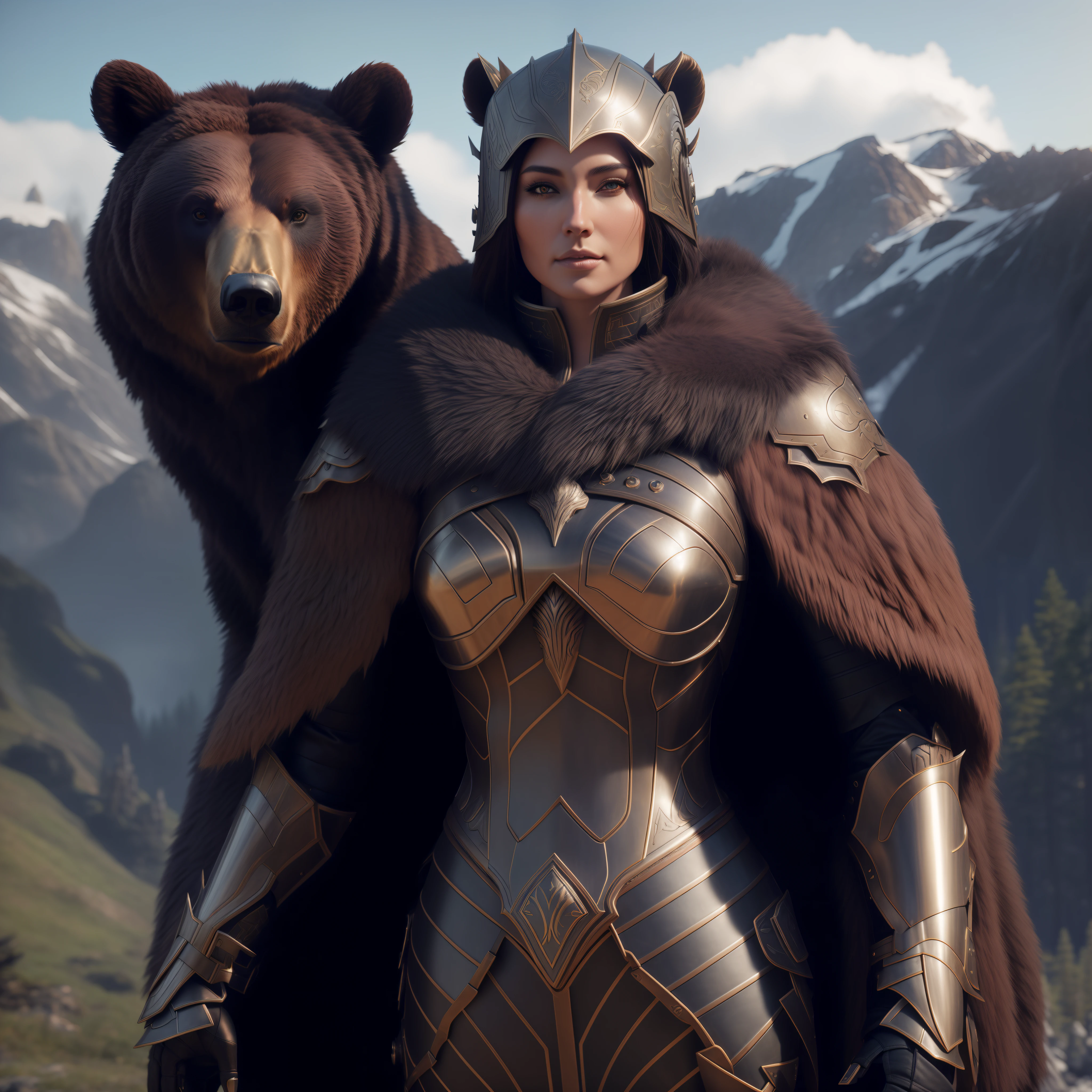 there is a woman in armor standing next to a bear, wearing intricate fur armor, unreal engine render + a goddess, fantasy style 8 k octane render, wojtek fus, redwood forest themed armor, fur and leather armor, 3 d render character art 8 k, realistic fantasy render, unreal engine fantasy art, trending on artstation 4k, fantasy character photo