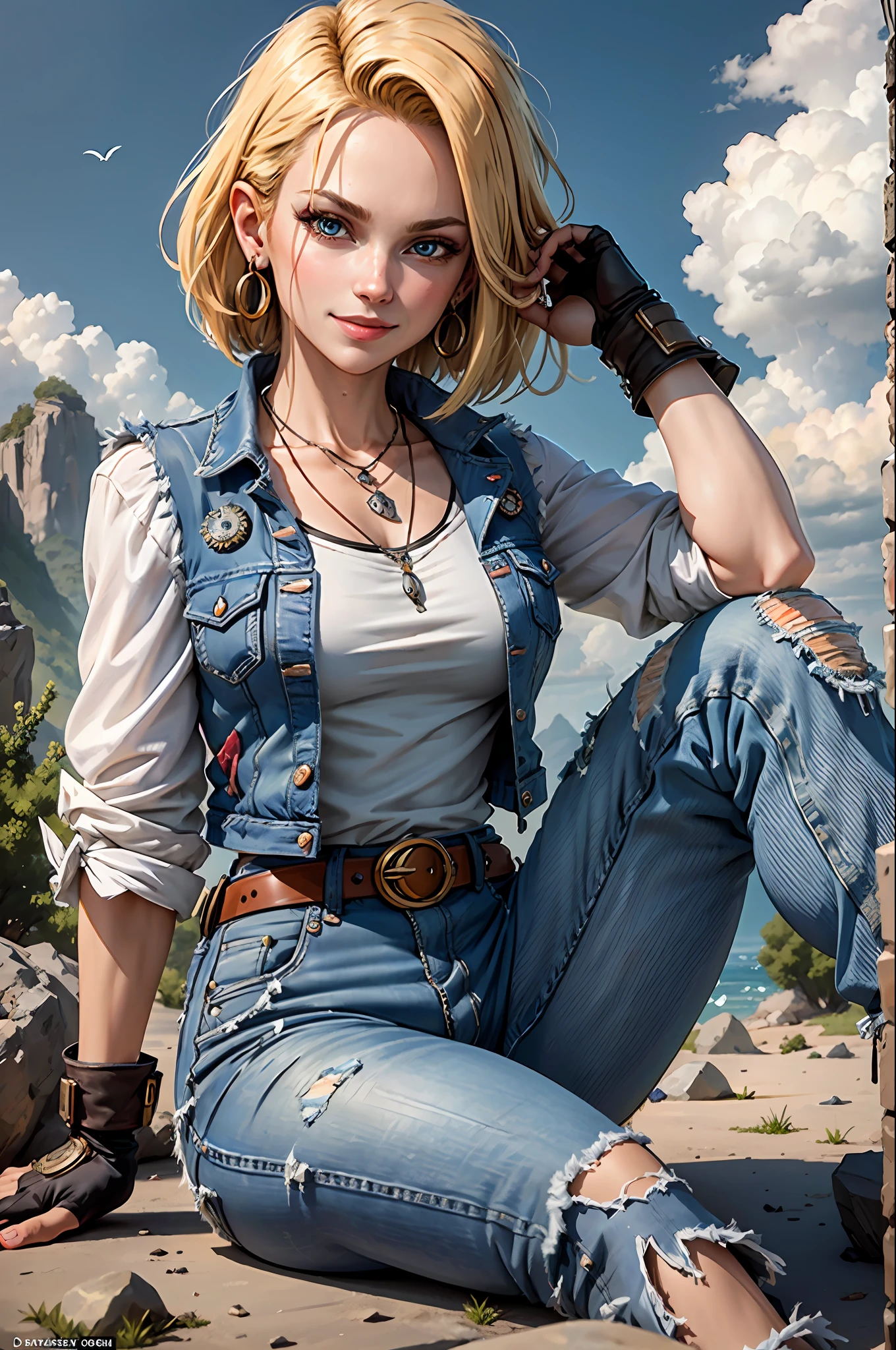 masterpiece, best quality, ultra-detailed, absurdres, Portrait of beautiful Android18DB, solo, earrings, jewelry, denim, smile, belt, vest, cloud, sky, day, pants, outdoors, gloves, necklace, jeans, rock, sitting, sitting_on_rock, volumetric lighting, best quality, masterpiece, intricate details, tonemapping, sharp focus, hyper detailed, trending on Artstation,