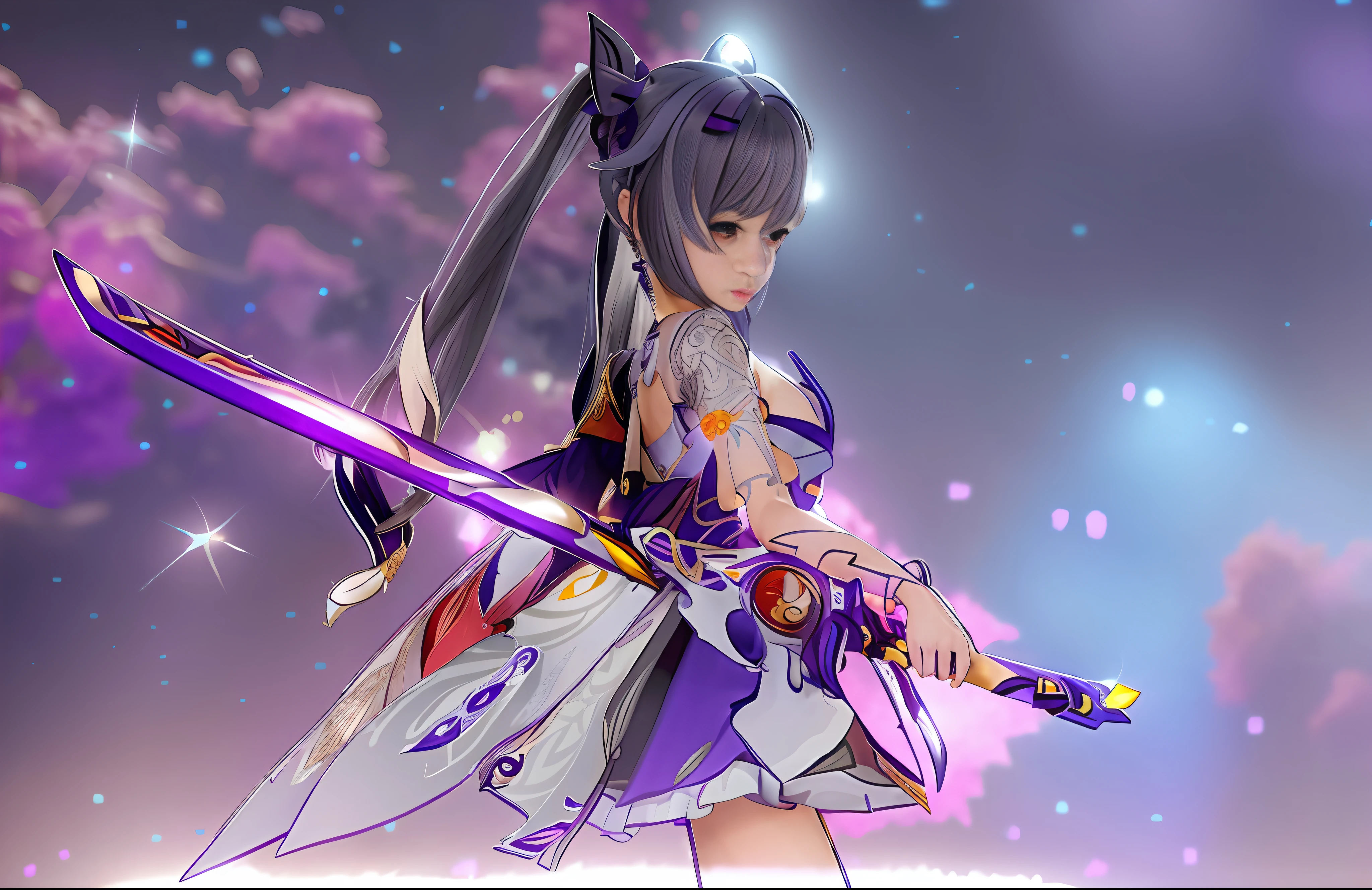 Woman in blue dress holding sword in front of purple background, Ayaka Genshin Impact, Genshin Impact Kechin, Genshin Impact character, Ayaka game Genshin Impact, Genshin Impact Nakazato, Katana Zero video game character, Genshin Impact style, detailed key anime art, Genshin, portrait Zodiac Girl Knight, masterpiece, (Photorealistic: 1.4), Top Quality, Beautiful Lighting, (ulzzang-6500:0.5), (Gray Hair) + (Long Hair) + (Bangs), Purple Eyes, Luminous Eyes, (Choshing), Genshin Impact, Cat Ears, Detailed Neon, RAW Photos, 8k UHD, Film Grain