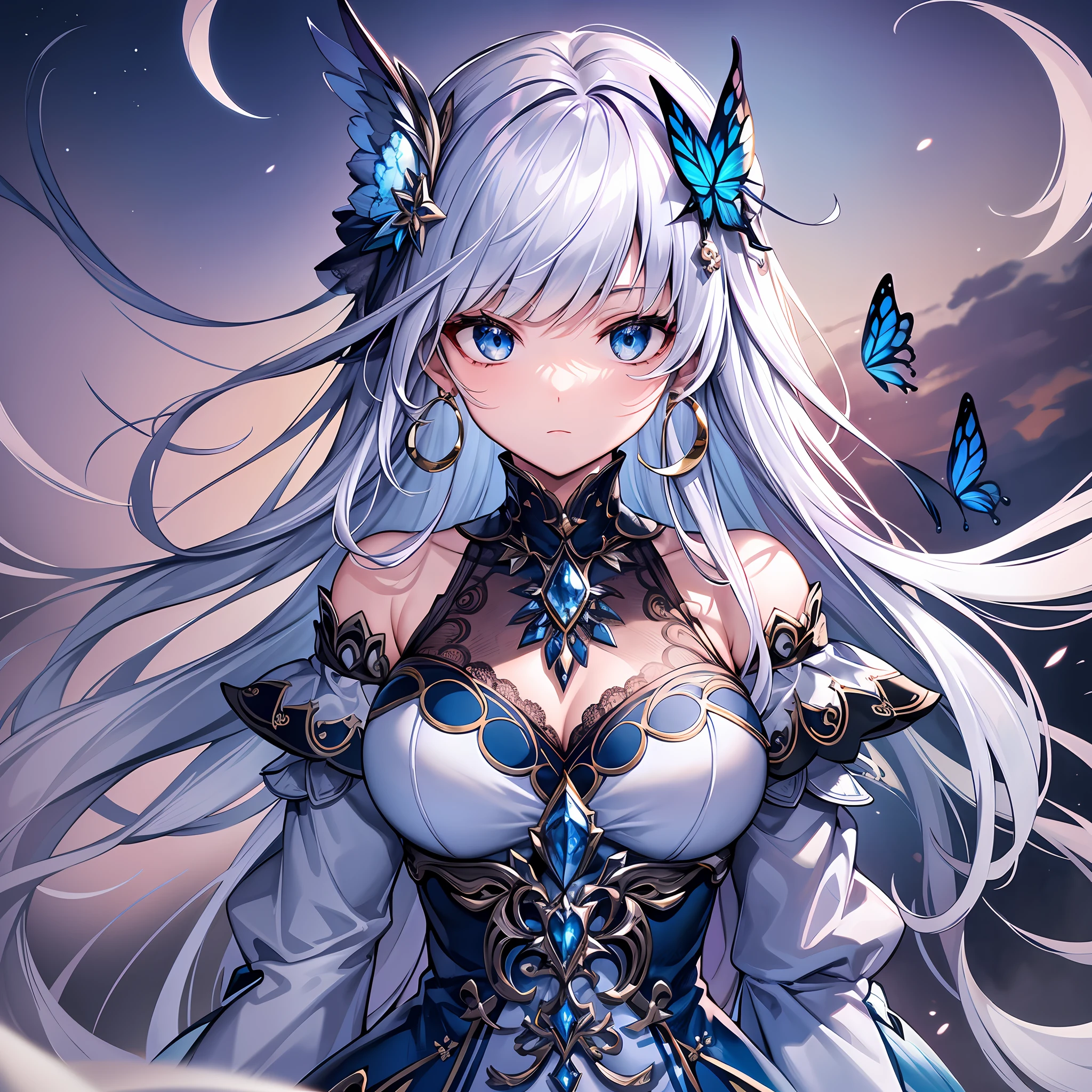 (masterpiece, best quality, extremely detailed cg, intricate details:1.2), 8k, depth of field, wide shot, full body 1girl,  silver hair, (hollow eyes:0.7), long hair (hime cut), ((colors of clothing: dark blue, silver, with white lace)), crescent moon hair ornament, hoop earrings, night sky, moon overhead, moonlight, clouds, wind blowing, cinematic lighting, sharp focus, detailed face, face focus, shiny skin, glowing blue butterflies