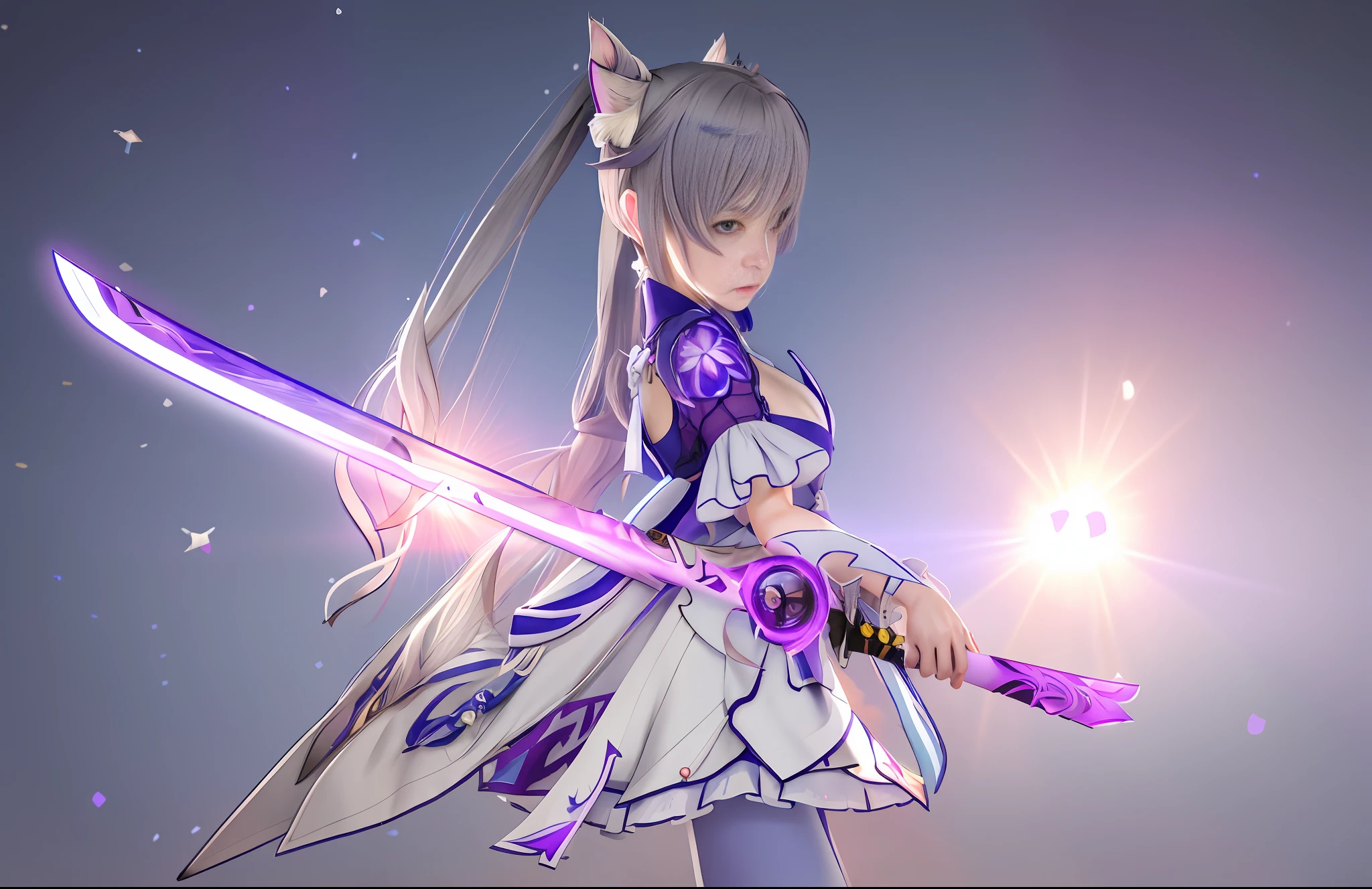Real 3D, woman in blue dress holding sword in front of purple background, Ayaka Genshin Impact, Genshin Impact Kechin, Genshin Impact character, Ayaka Game Genshin Impact, Genshin Impact Nakazato, Katana Zero video game character, Genshin Impact style, detailed key anime art, Genshin, portrait Zodiac Girl Knight, masterpiece, (Photorealistic: 1.4), Top Quality, Beautiful Lighting, (ulzzang-6500:0.5), (Gray Hair) + (Long Hair) + (Bangs), Purple Eyes, Luminous Eyes, (Ticking), Genshin Impact, Cat Ears, Detailed Neon, RAW Photos, 8k UHD, Film Grain